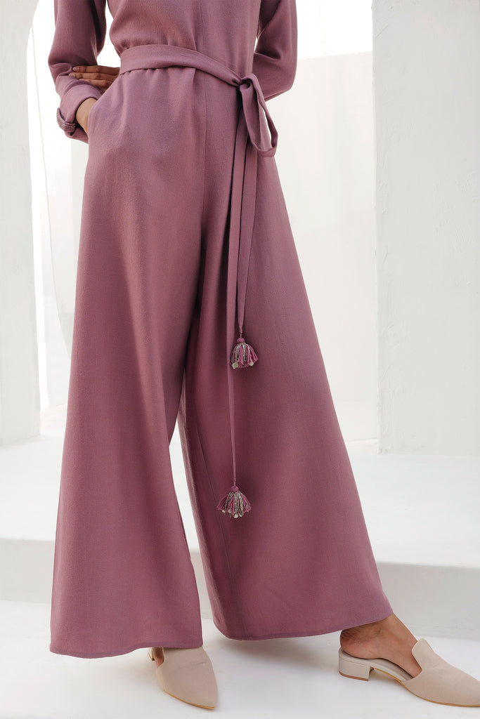 Winterberry Light Weight Woollen Jumpsuit With Long Waist Belt & Beaded Cuff Loop Detail