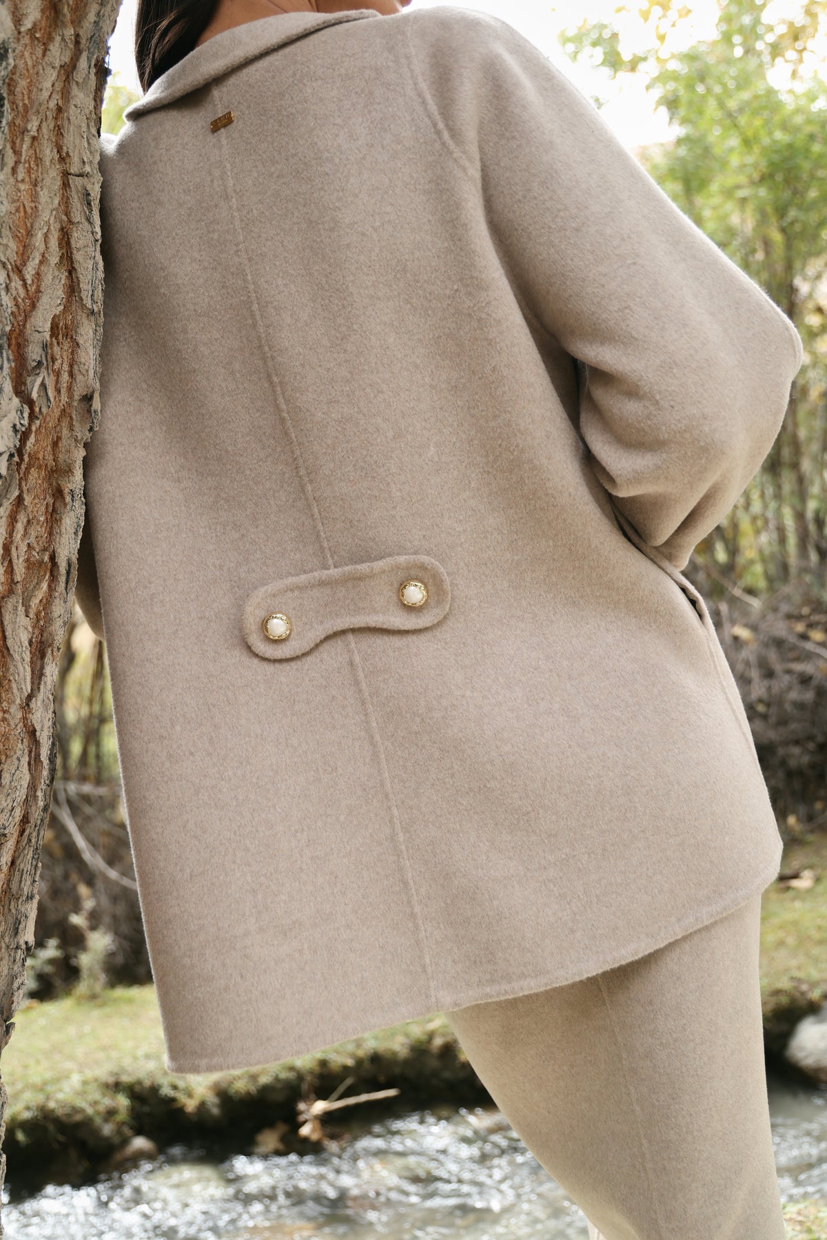 Cashmere-Silk-Merino Blend Kitten Collar Coat (Winter Oat) & Cashmere-Silk-Merino Blend Column Skirt (Winter Oat)