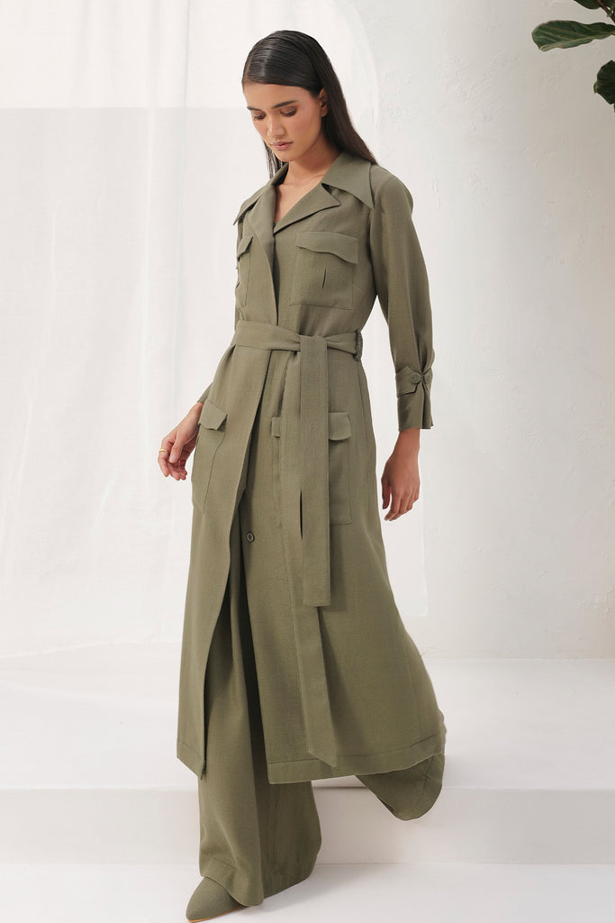 Moss Midi Length Woollen Trench With Scrunched Cuffs, Back Slit And A Waist Belt 