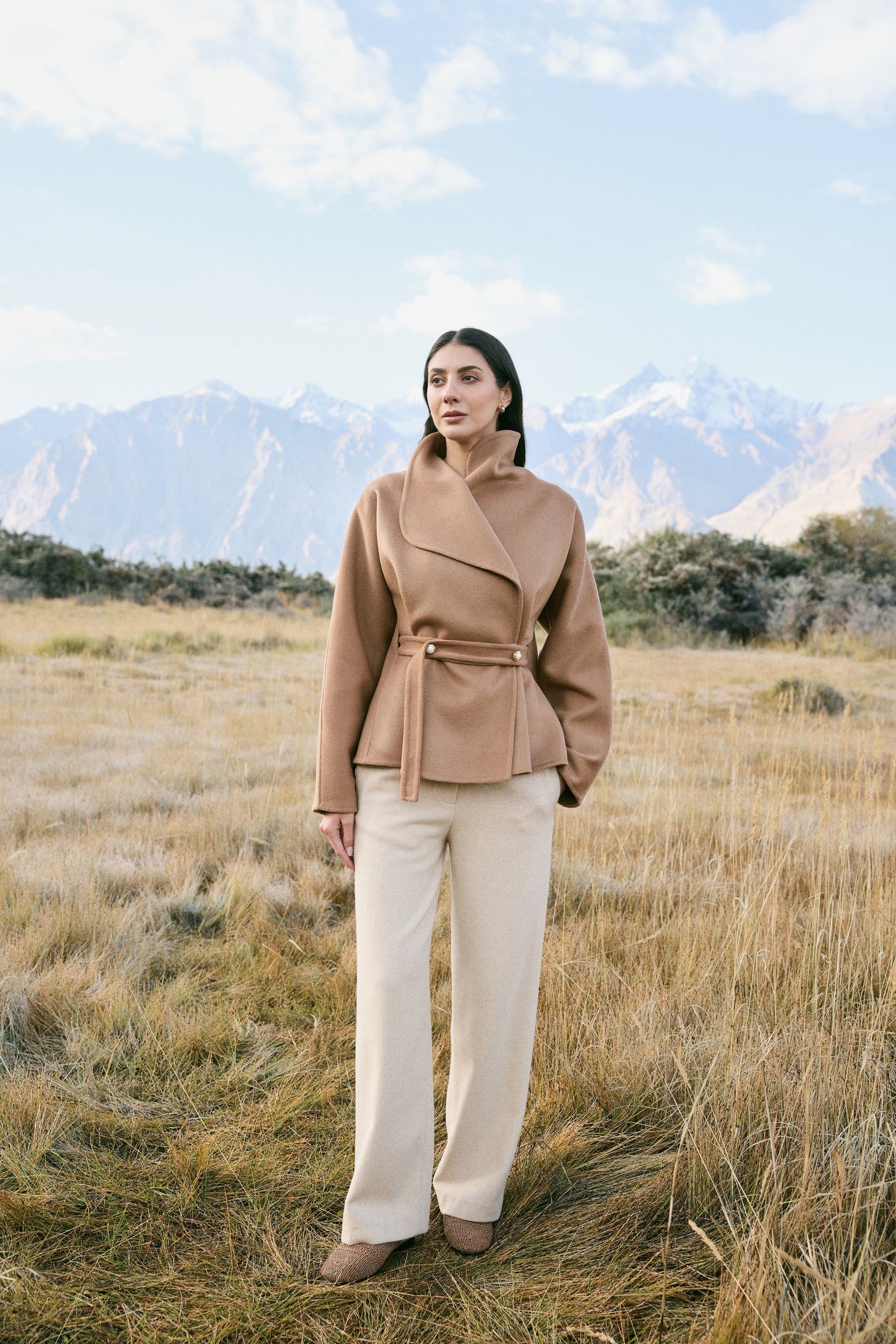 Cashmere-Silk-Merino Blend Wrap Coat (Warm Honey)