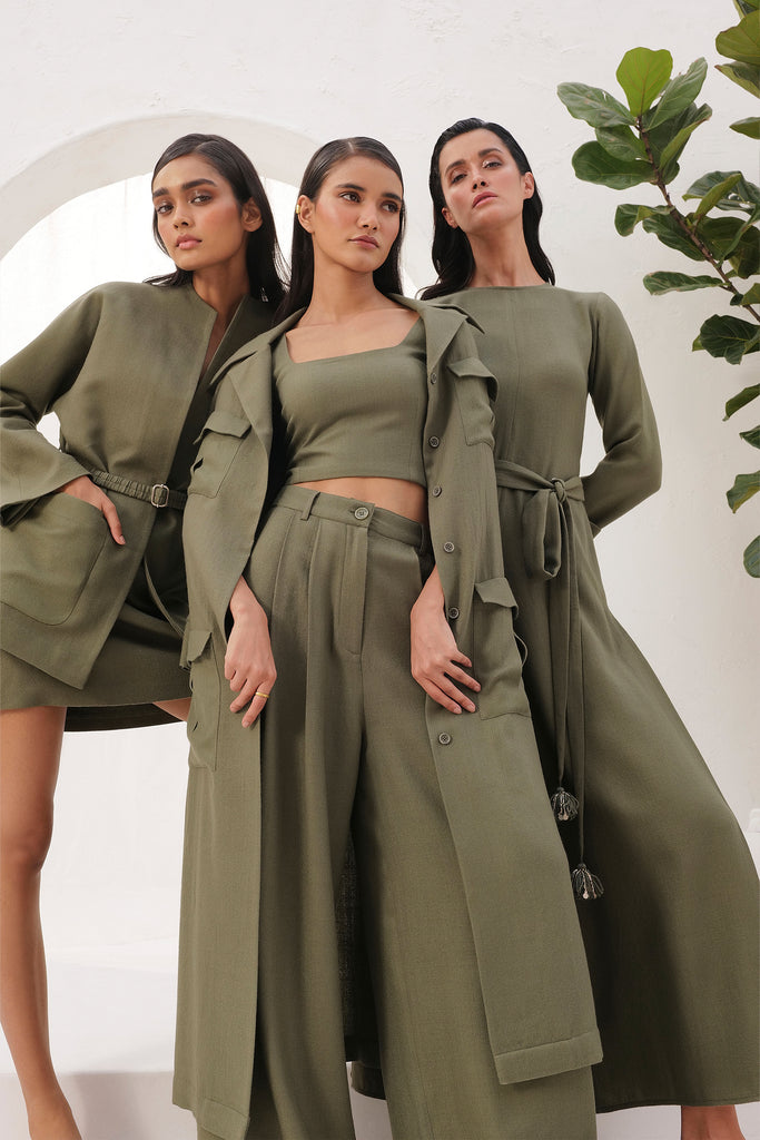 Moss Woollen Wide Legged Pants Paired With Midi Length Woollen Trench