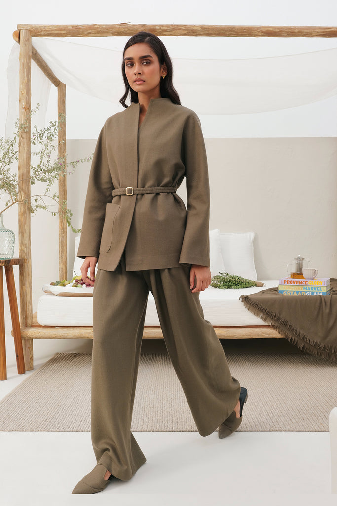 Taupe Colored Wide Legged Long Woollen Pants With Front Pleats And Side Pockets.