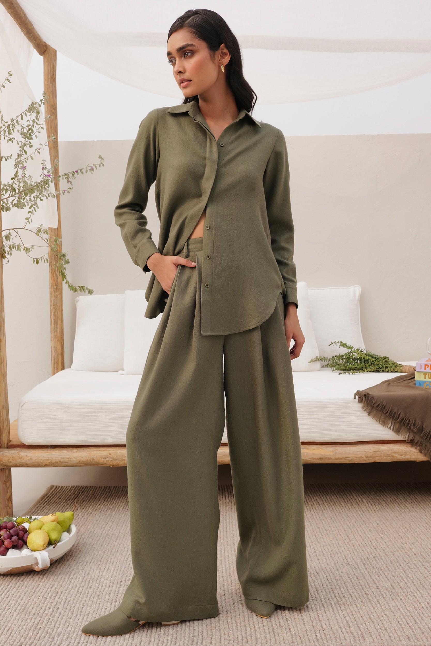 Moss Color Button Down Collar Natural Wool Shirt