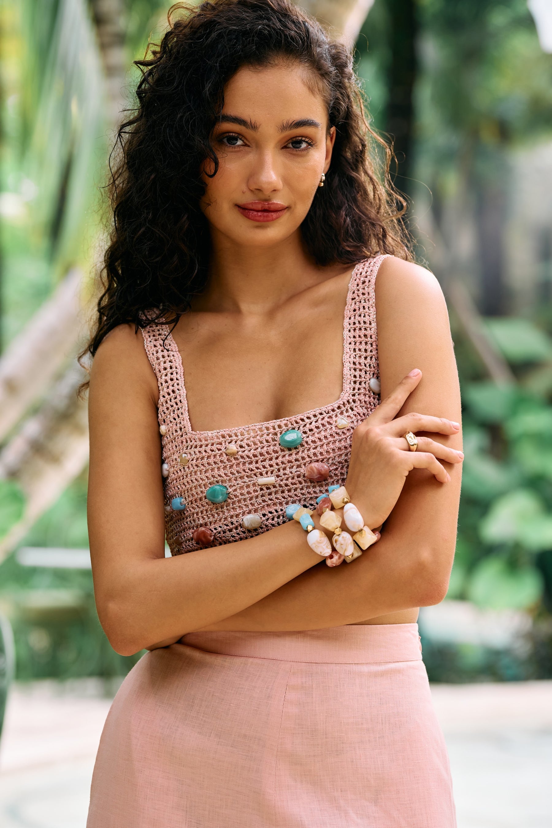 Pink Raffia Coastal Dream Linen Bandeau Top