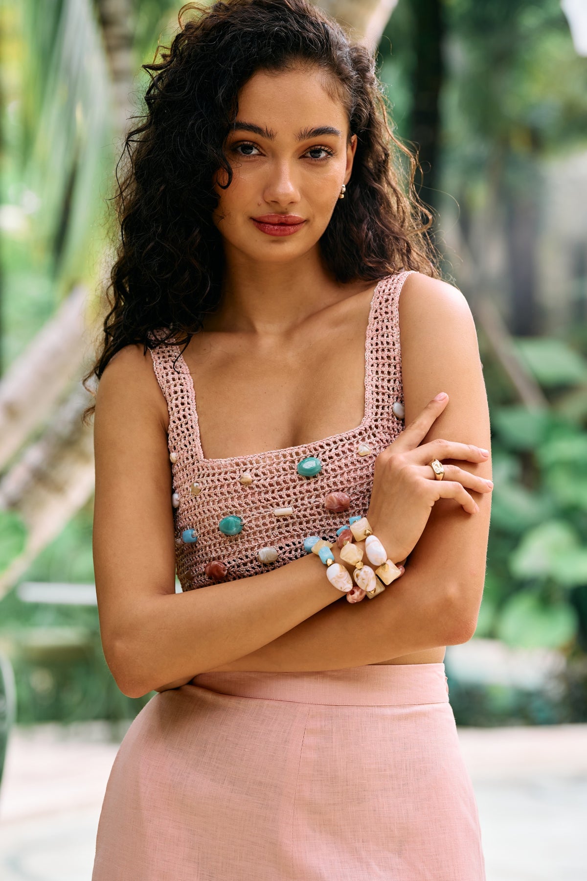 Pink Raffia Coastal Dream Linen Bandeau Top