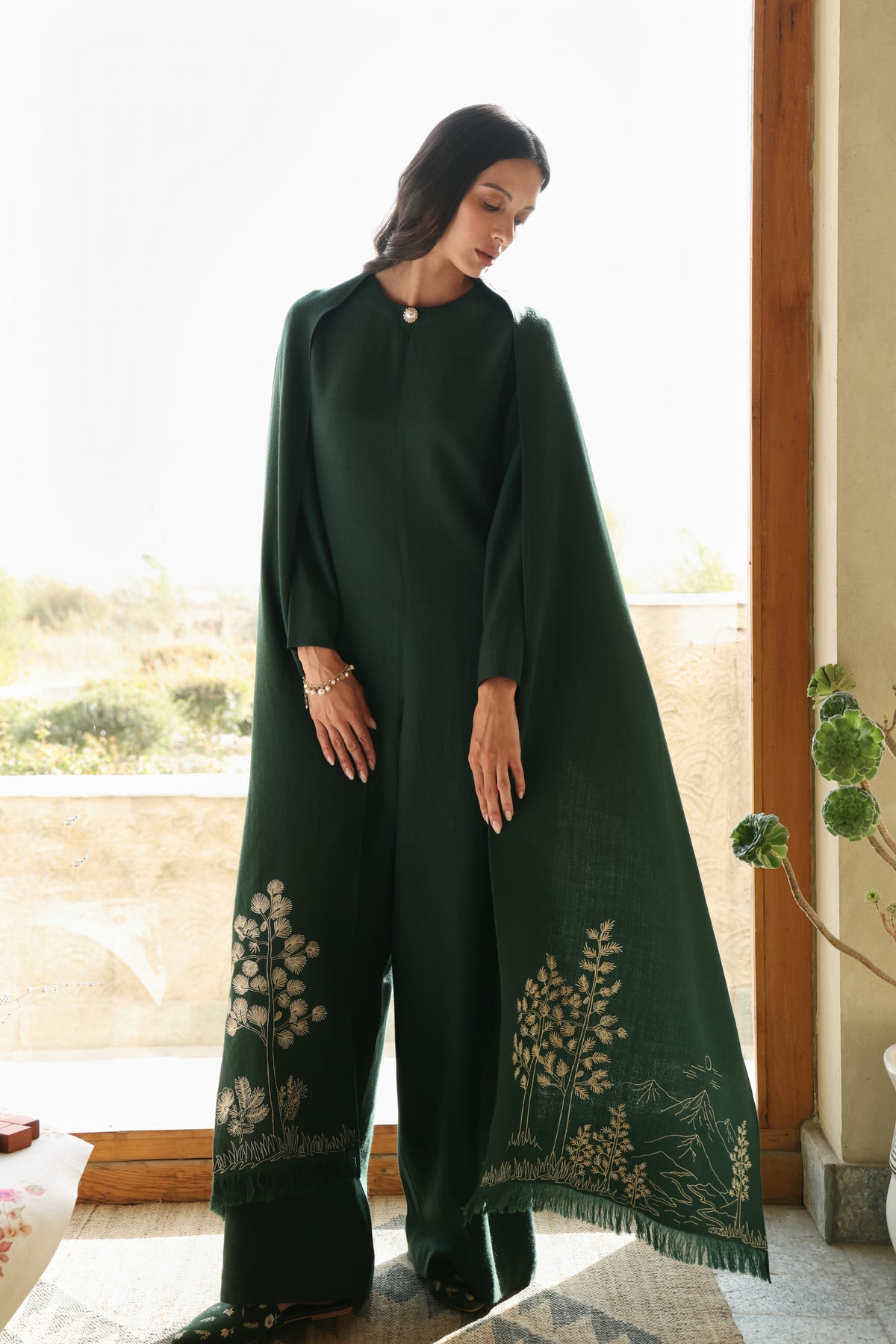 Evergreen Woollen Jumpsuit (Forest Pine) & Evergreen Woollen Shawl (Forest Pine)