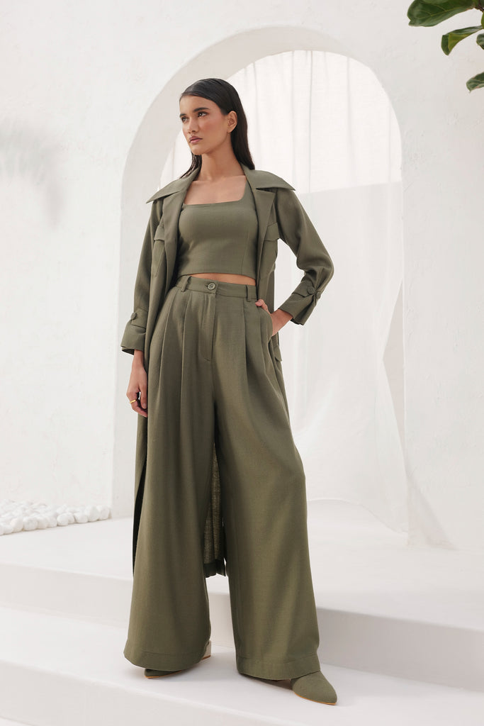 Moss Color Wide Legged Long Woollen Pants With Front Pleats And Side Pockets.