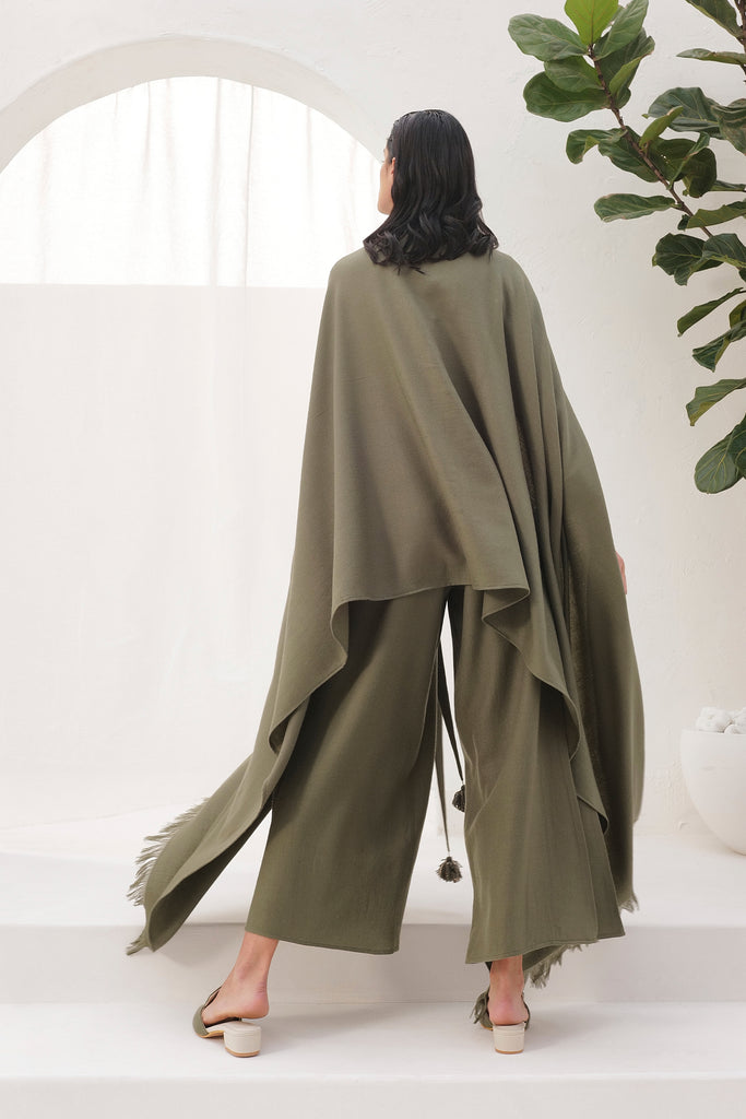 Moss Color Woollen Jumpsuit With Light Weight Woolllen Shawl
