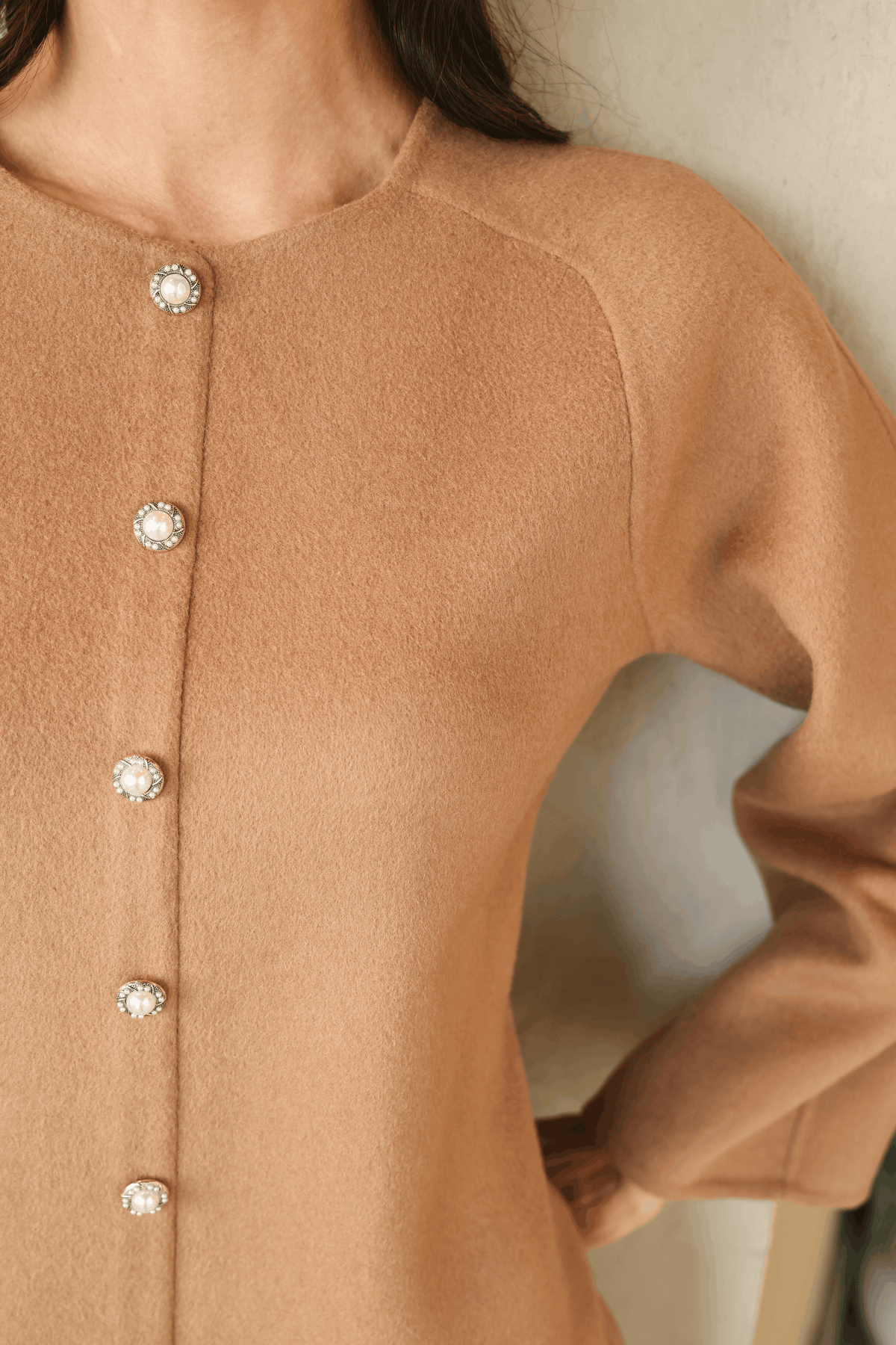 Merino Wool Blend Front Button Short Dress (Caramel)