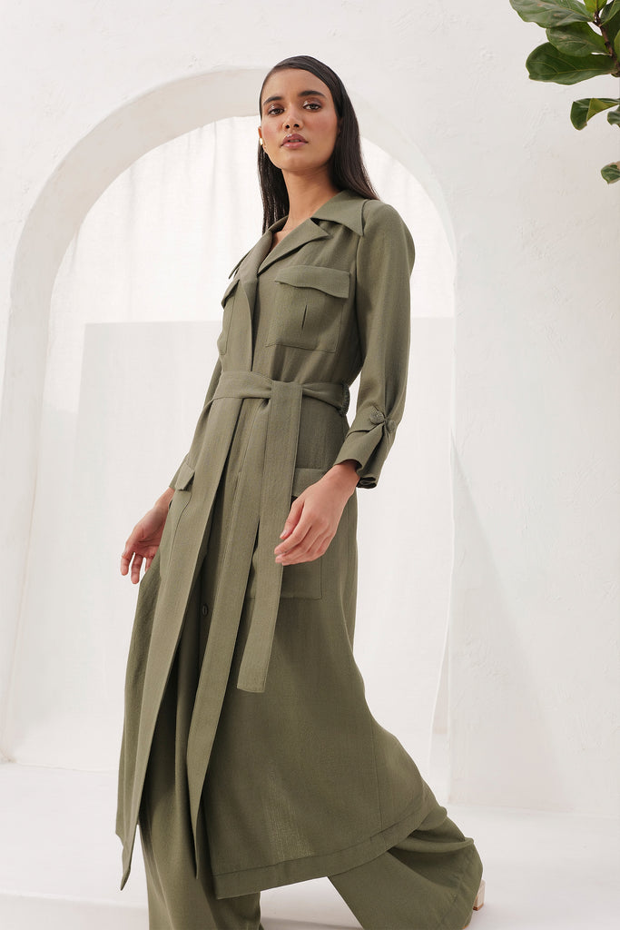 Moss Midi Length Woollen Trench With Scrunched Cuffs, Back Slit And A Waist Belt