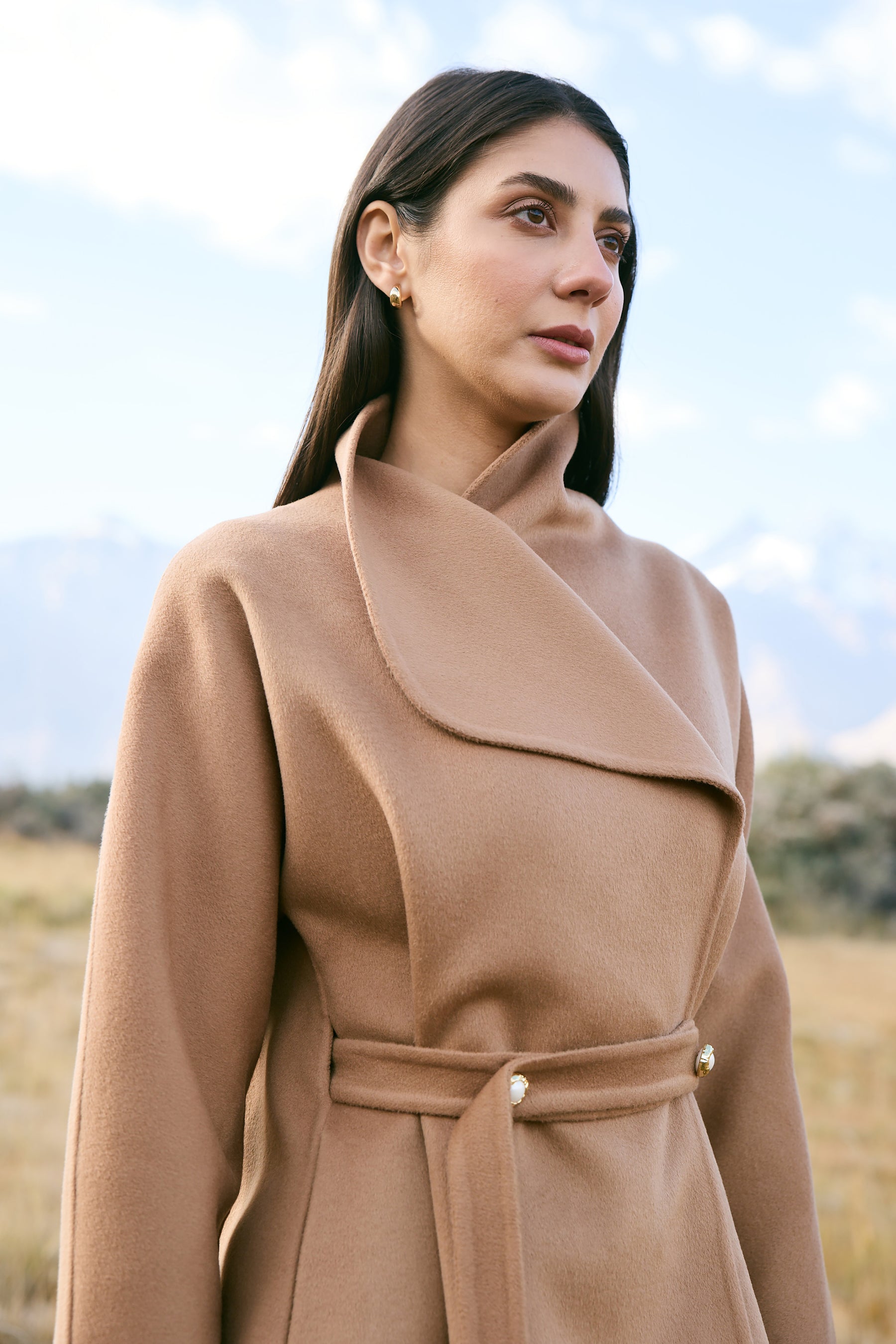 Cashmere-Silk-Merino Blend Wrap Coat (Warm Honey)