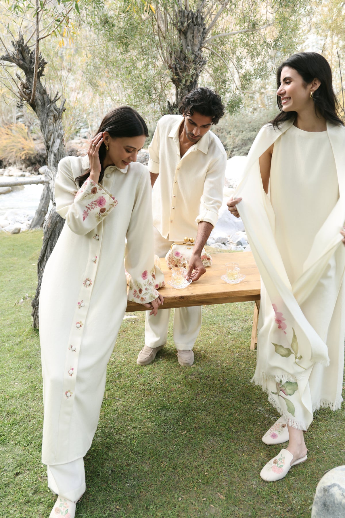 Autumn Bloom Woollen Long Shirt Dress (Ivory Alpine Botanics)