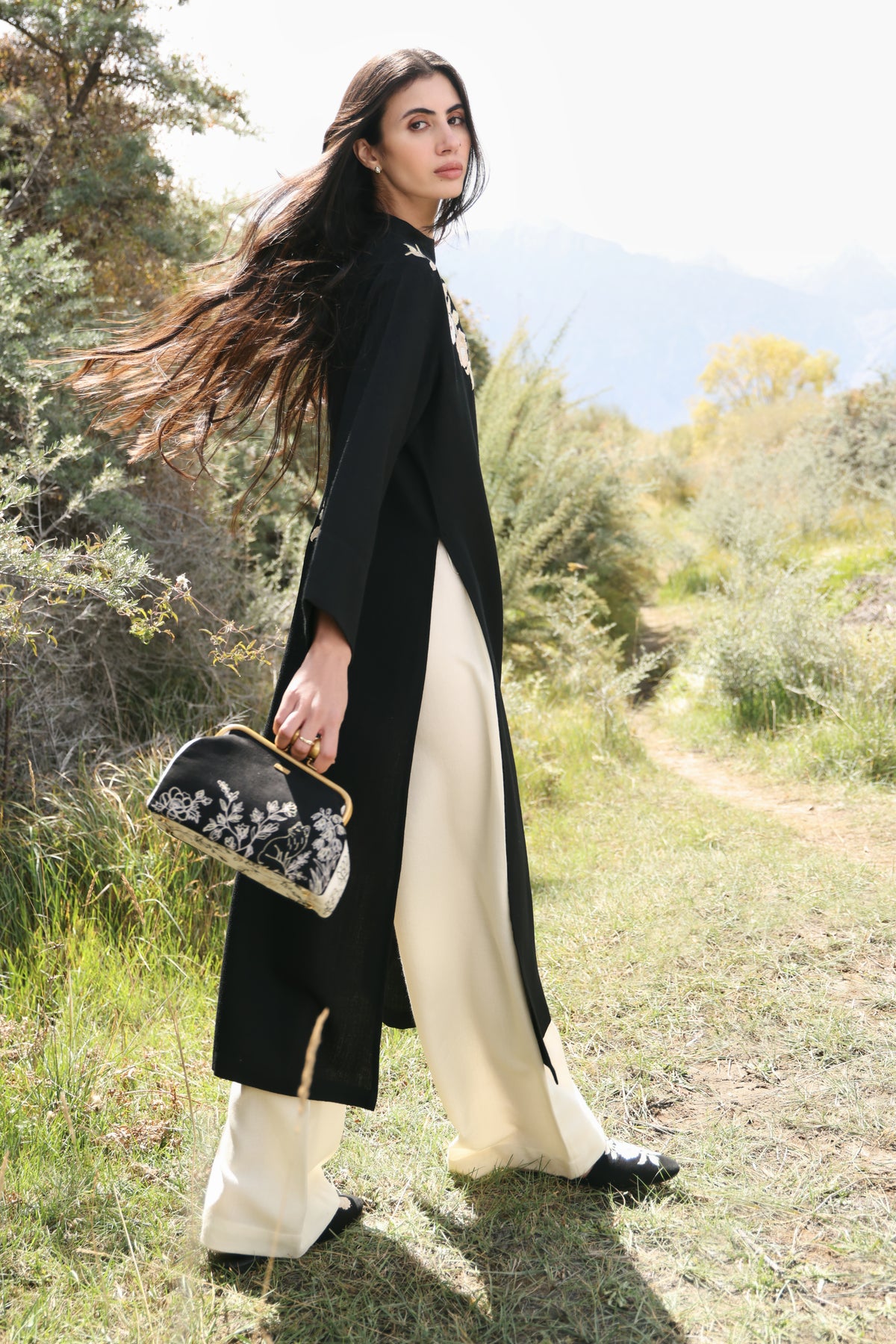 Nightfall Long Woollen Top (Black) & Laha Woollen Pants (Ivory)