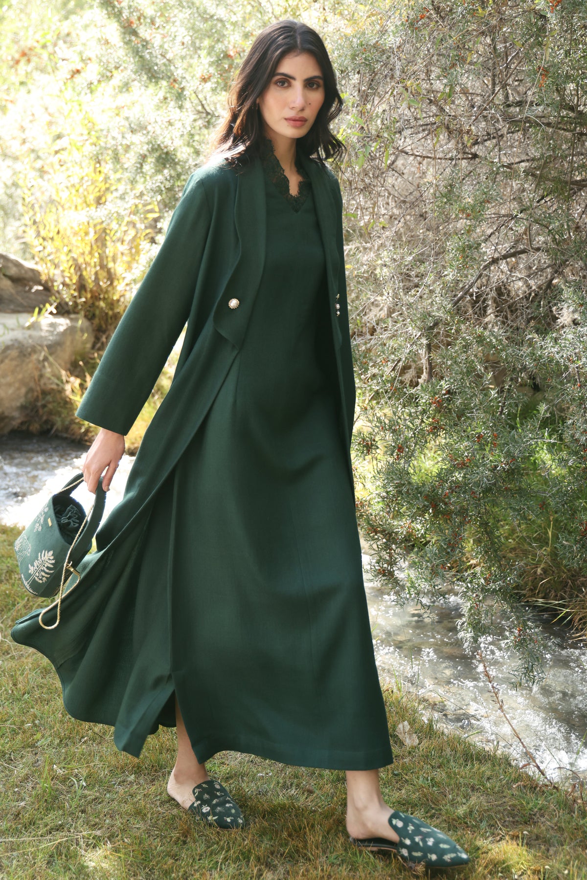 Afterglow Woollen Lace Dress (Forest Pine)