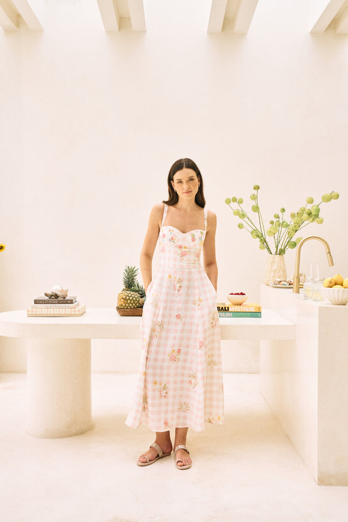 White Floral Print Flowy Linen Midi Postcard Dress