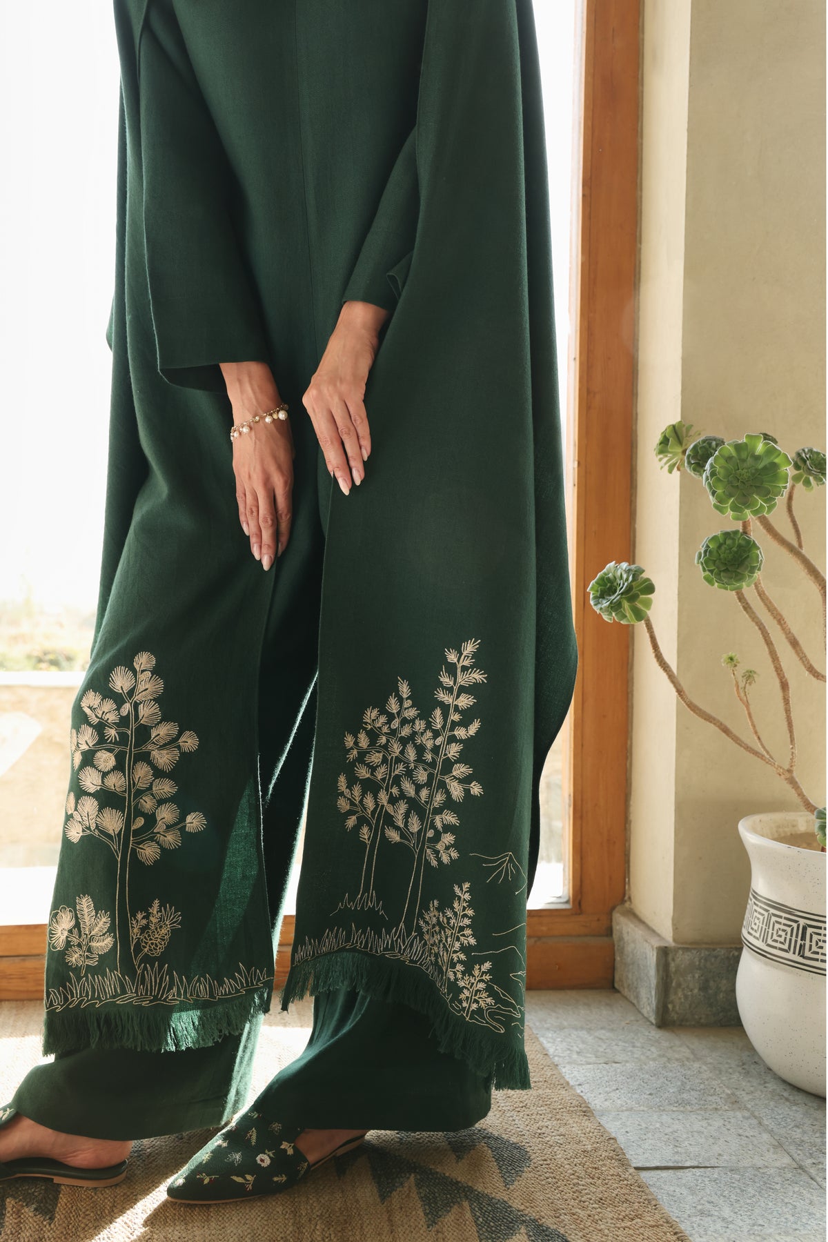 Evergreen Woollen Jumpsuit (Forest Pine) & Evergreen Woollen Shawl (Forest Pine)
