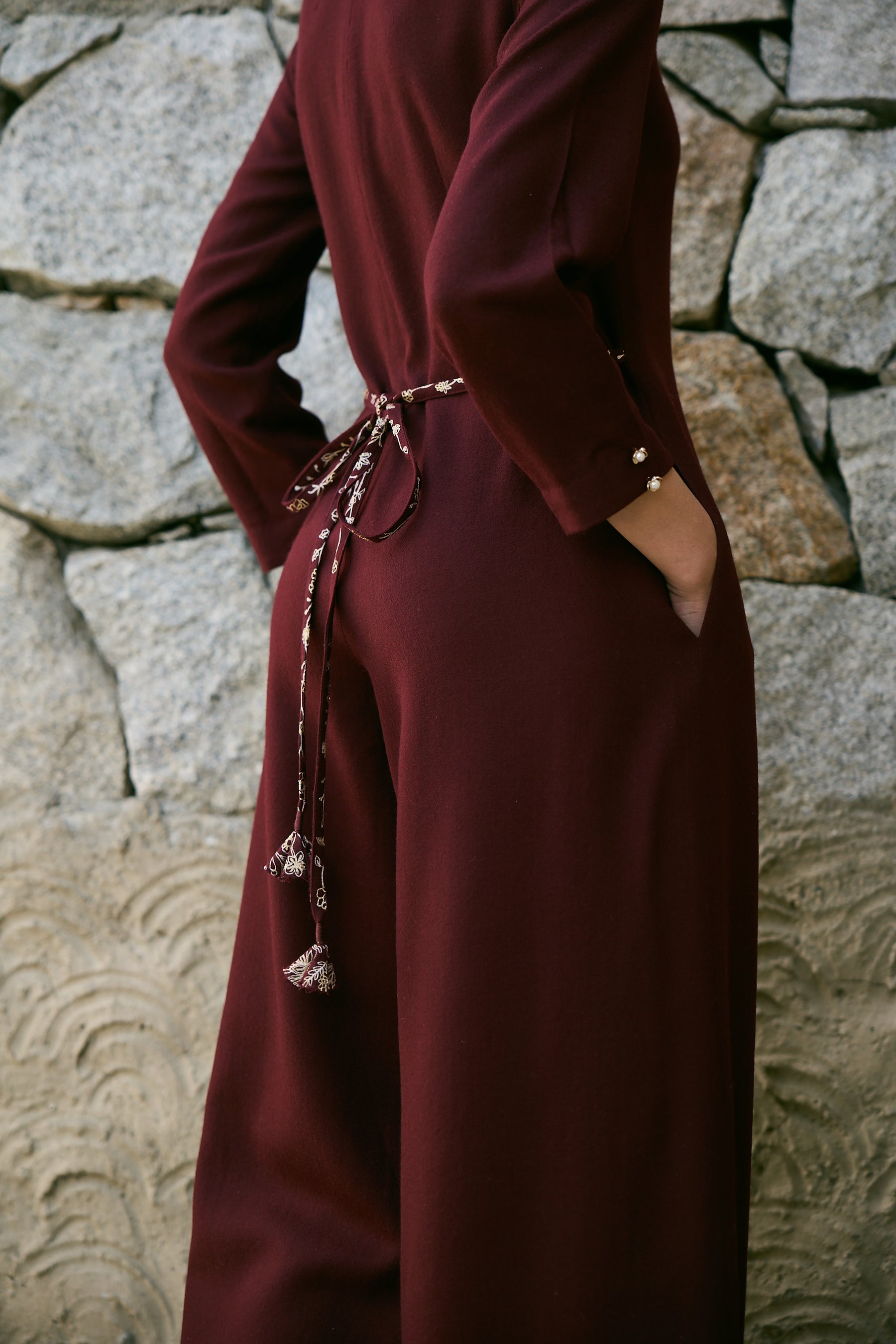 Meco Woollen Jumpsuit with Woollen Shawl (Merlot)