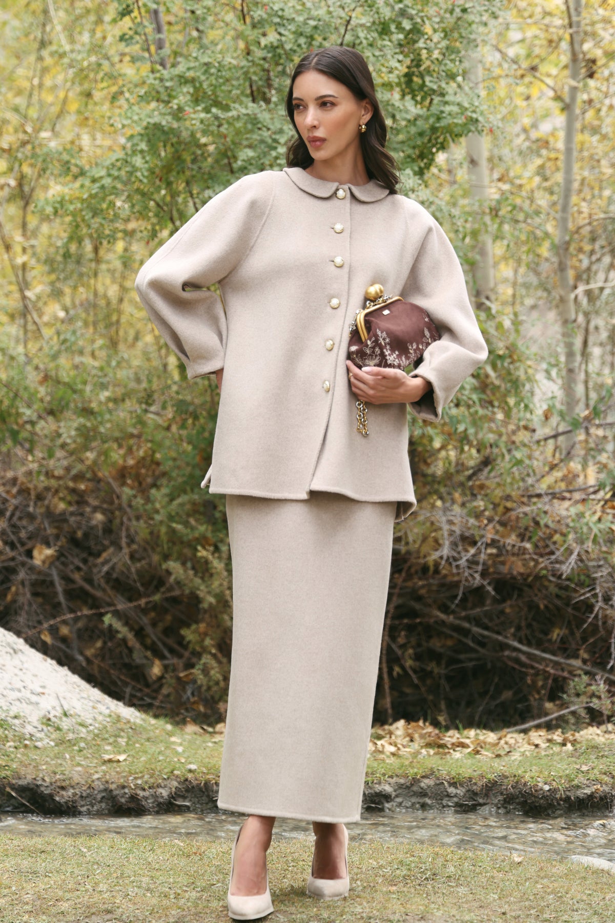 Cashmere-Silk-Merino Blend Kitten Collar Coat (Winter Oat) & Cashmere-Silk-Merino Blend Column Skirt (Winter Oat)