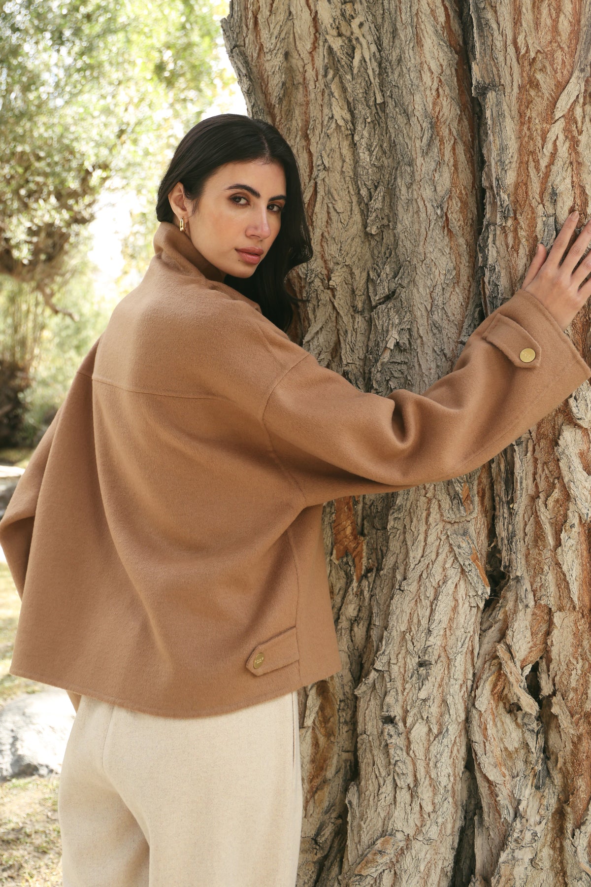 Merino Wool Blend High Neck Zip Up Jacket (Caramel)
