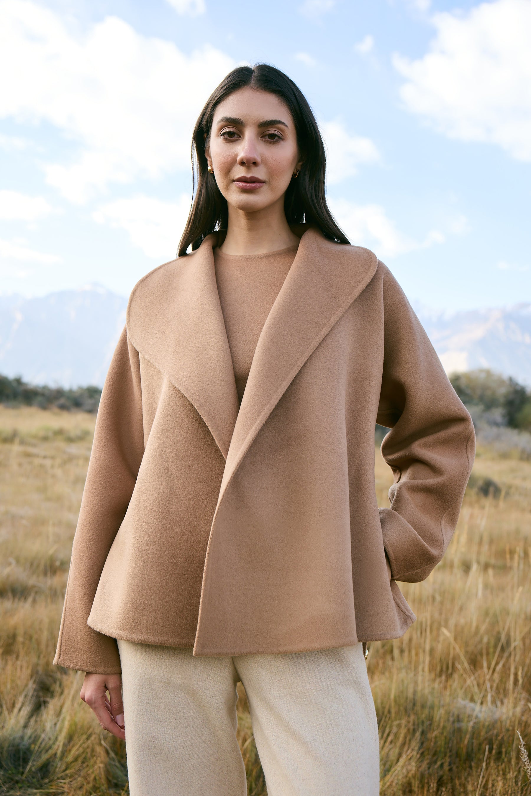Cashmere-Silk-Merino Blend Wrap Coat (Warm Honey)