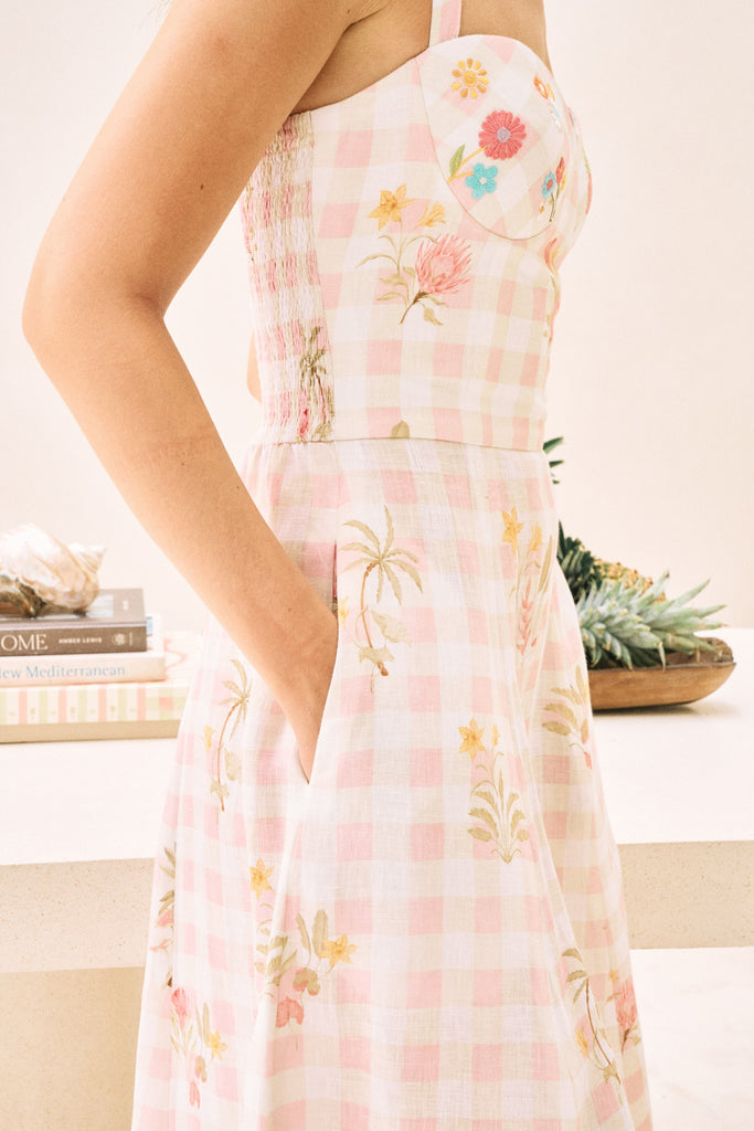 White Floral Print Flowy Linen Midi Postcard Dress – SandByShirin