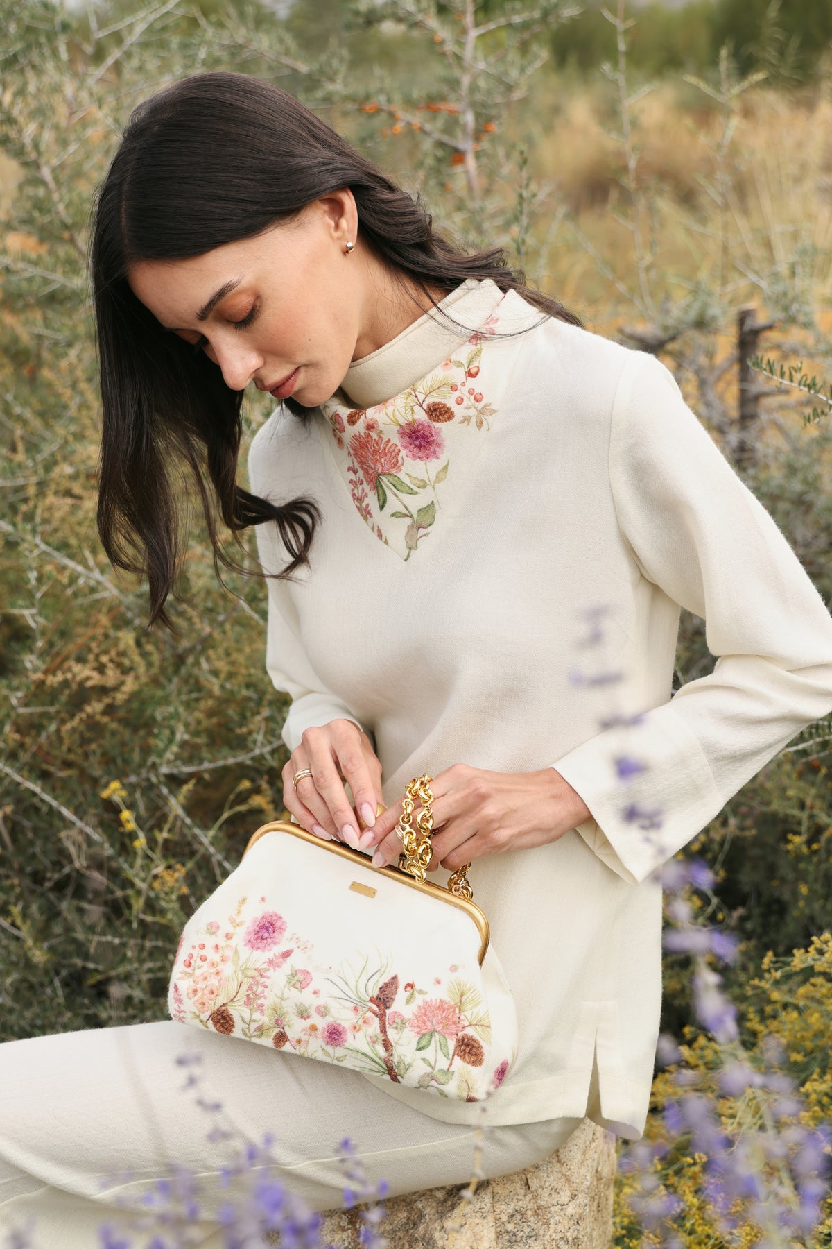 Winter Hush Scarf Woollen Top & Autumn Bloom Woollen Pants (Ivory Alpine Botanics)