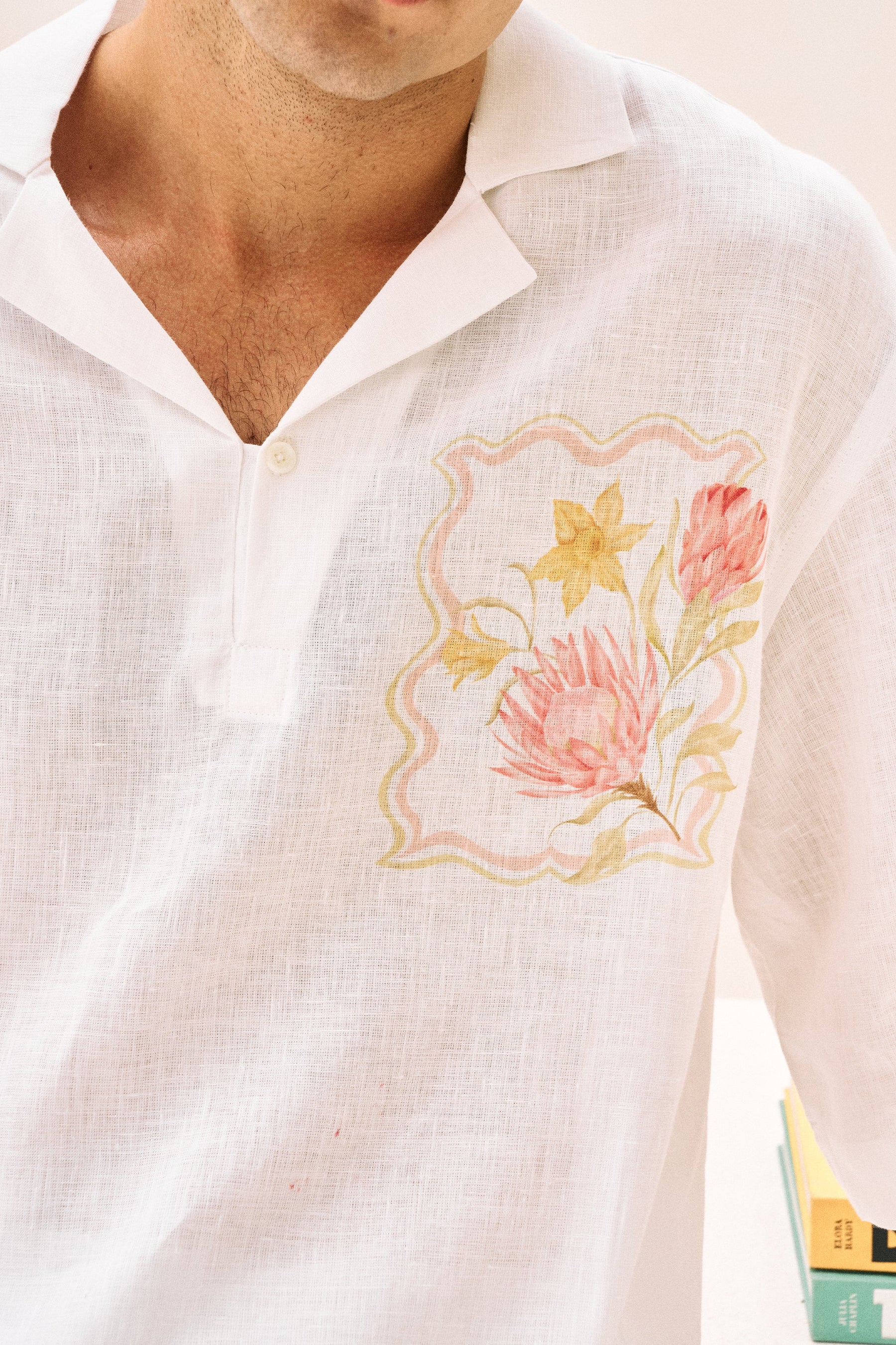 Postcard Front Print White Linen Shirt for Man