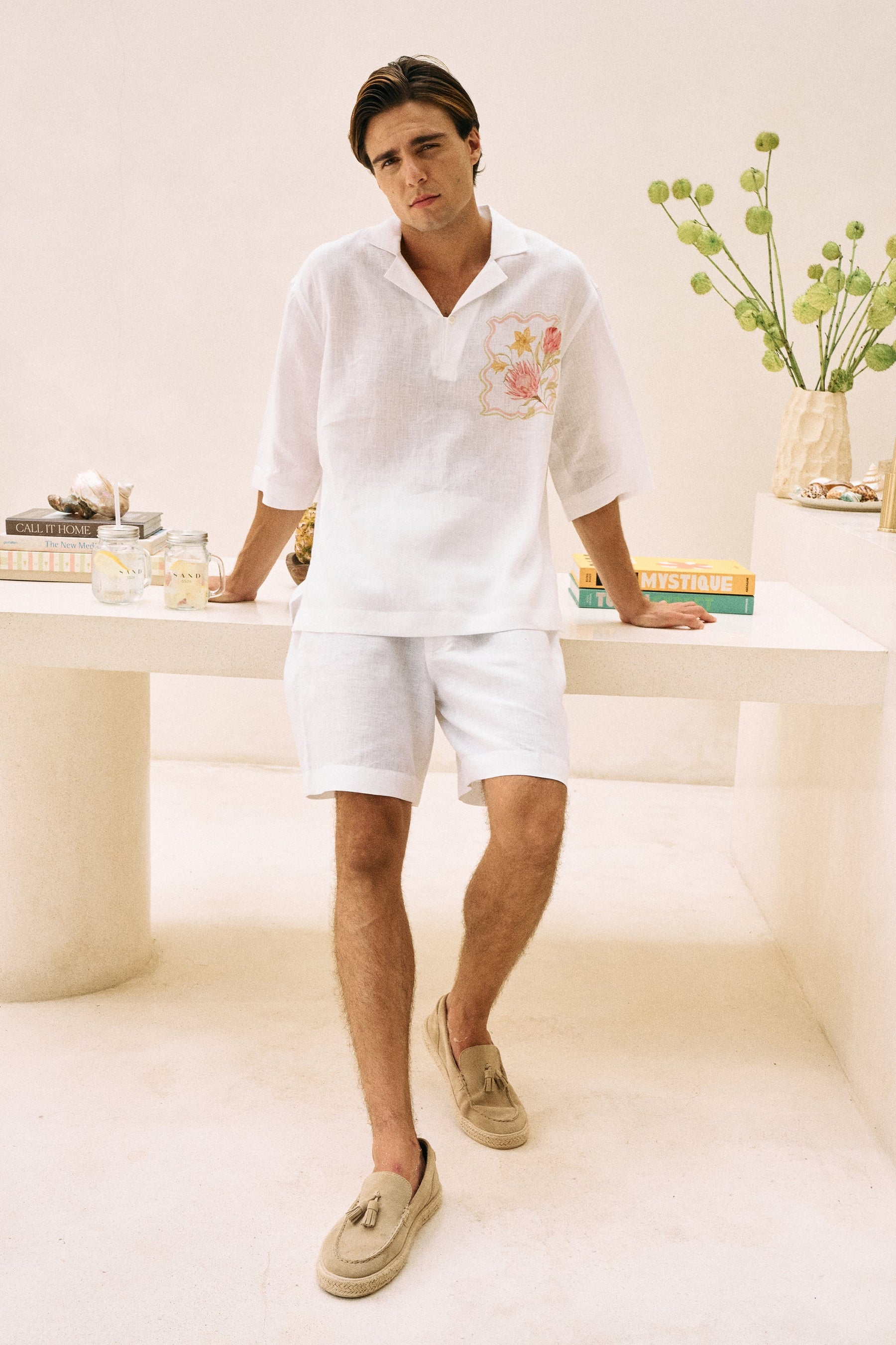 Postcard Front Print White Linen Shirt for Man