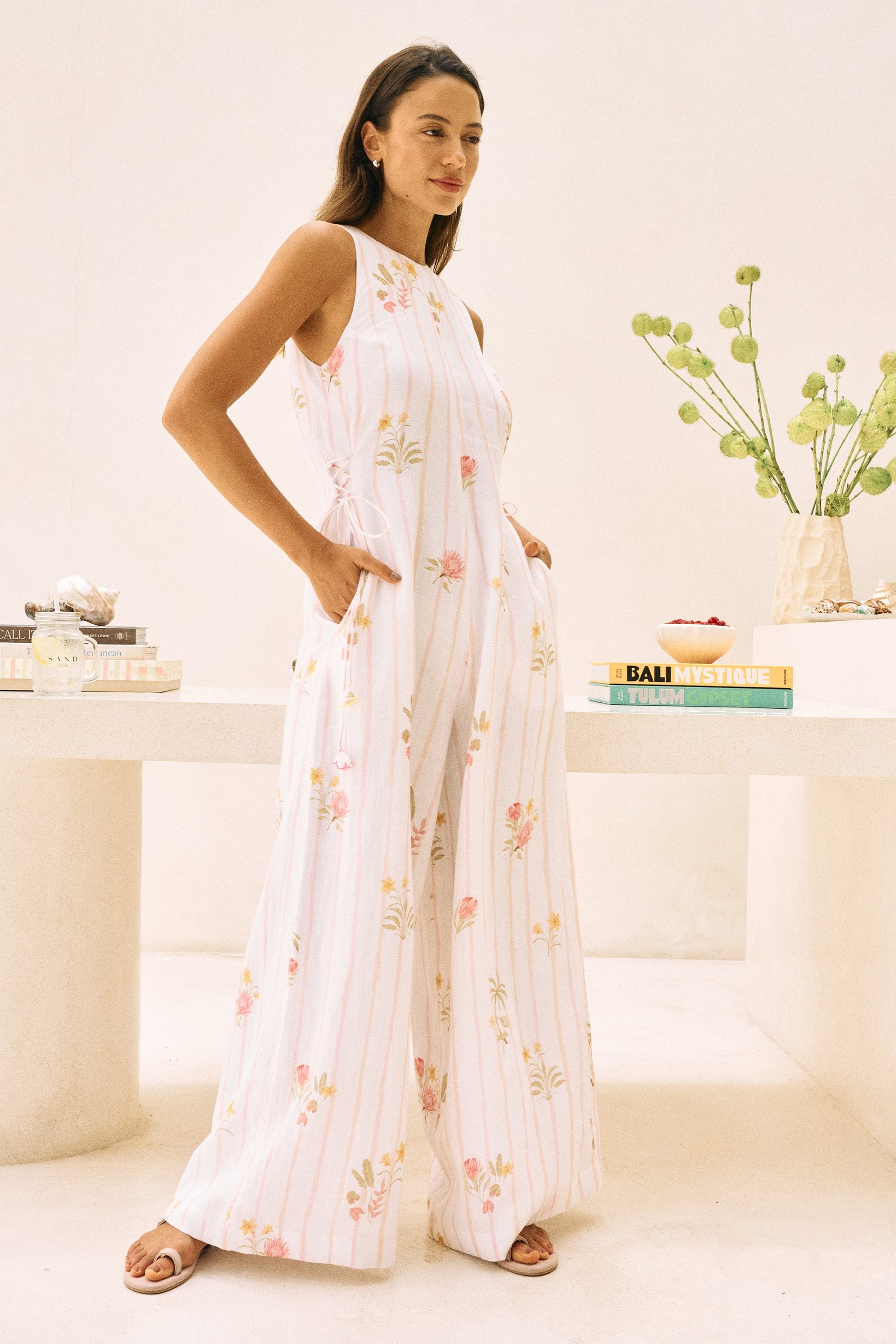 White Floral Print Linen Postcard Jumpsuit 