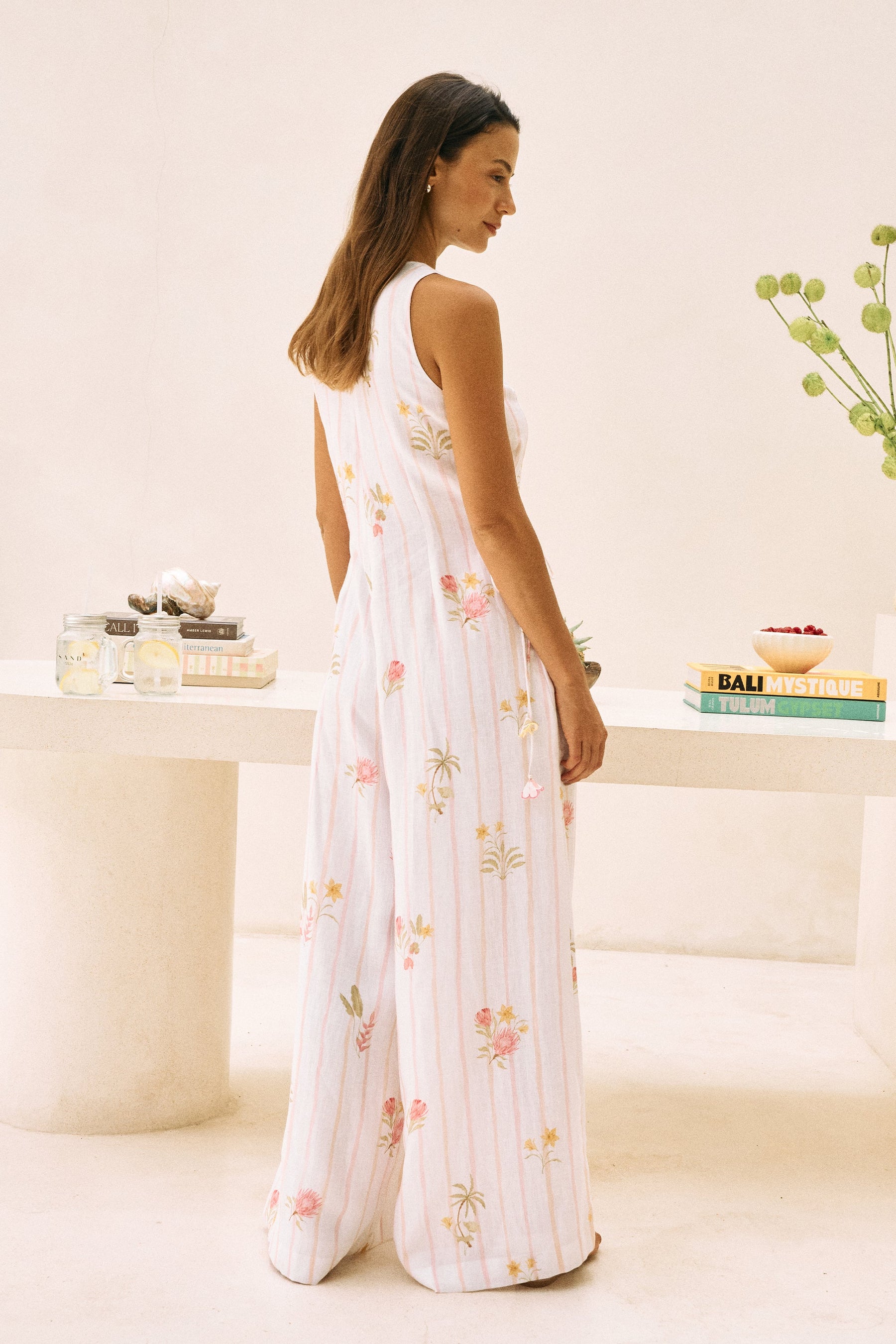 White Floral Print Linen Postcard Jumpsuit 