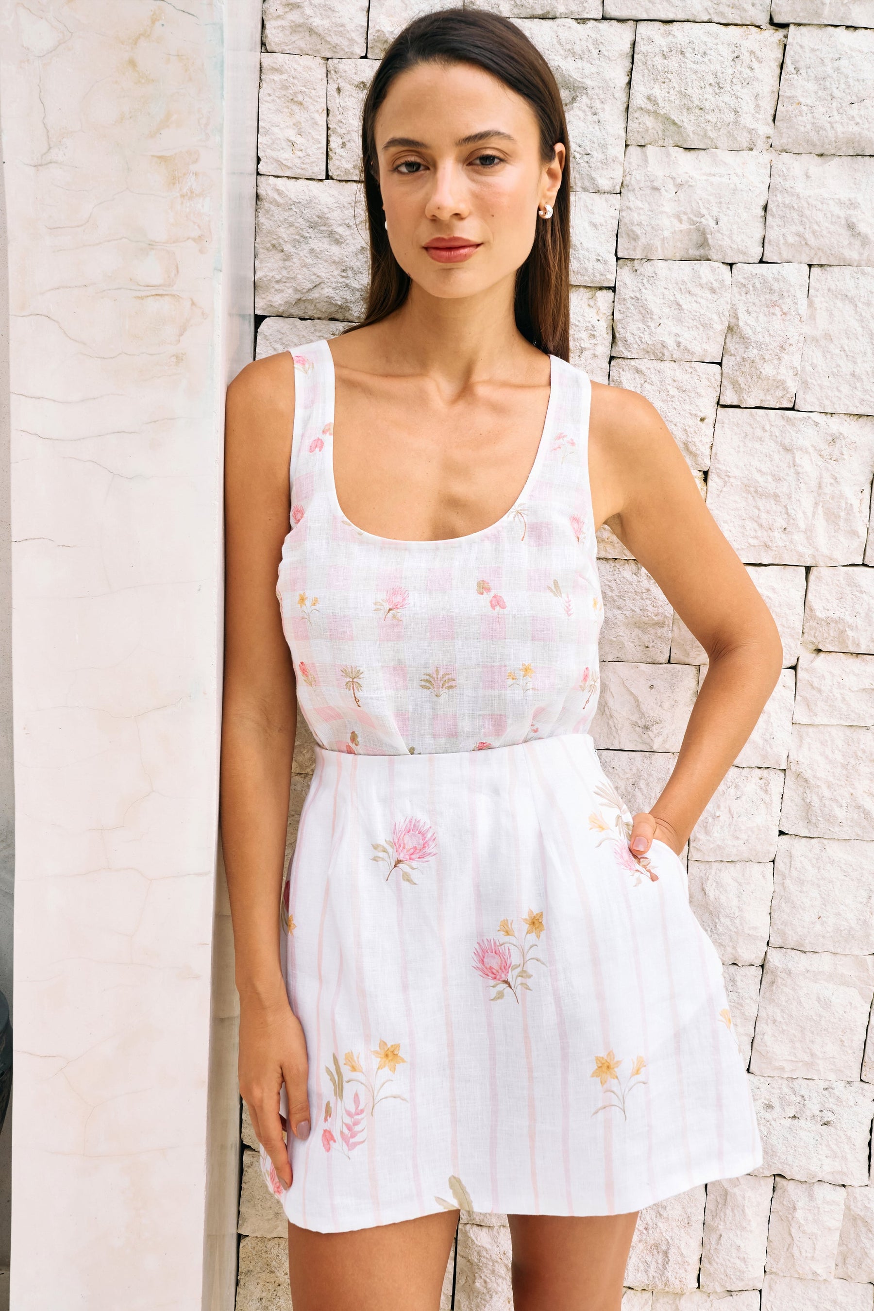 White Floral Print Postcard Linen Summer Top