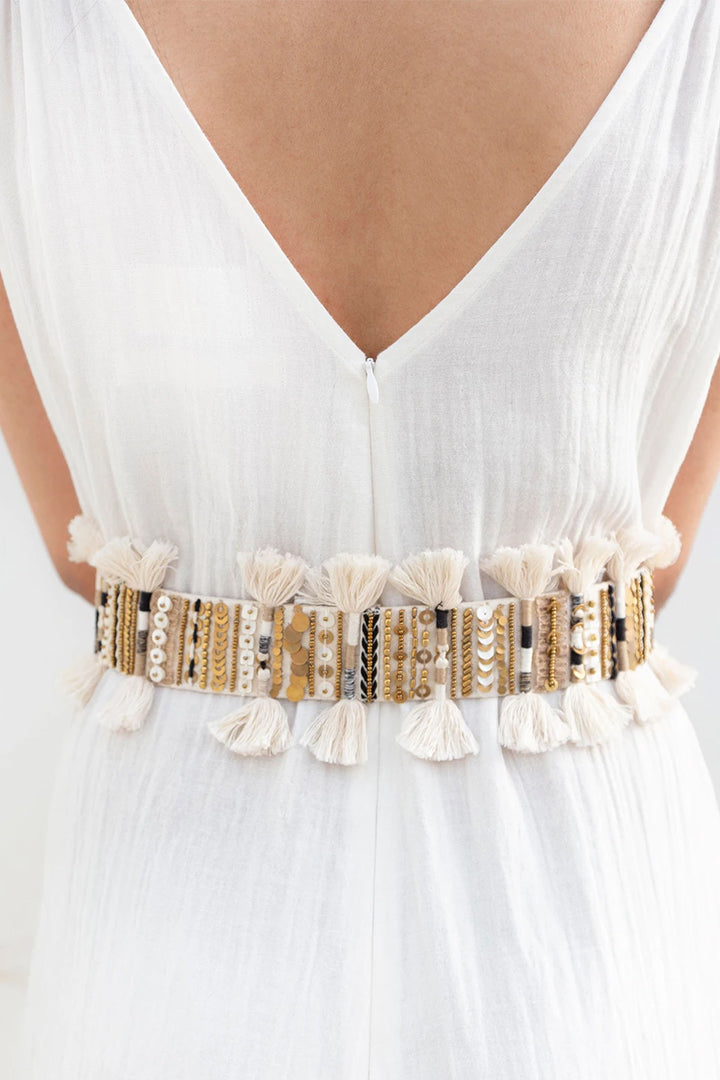 Handcrafted Embroidered Belt for Women in White & Black color