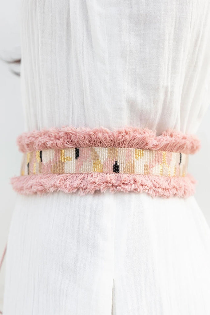  Handcrafted Belt: Dusty Pink Embroidered with Lustrous Glass Beads