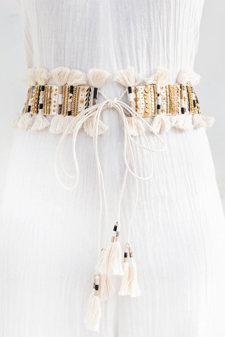 Handcrafted Embroidered Belt for Women in White & Black color