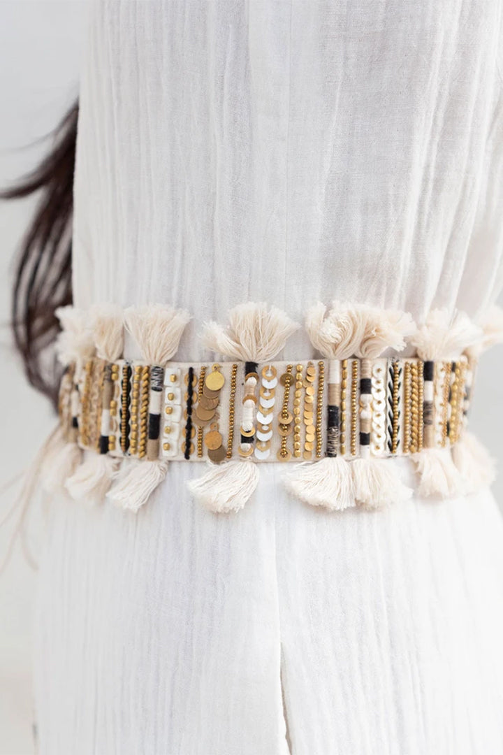 Handcrafted Embroidered Belt for Women in White & Black color