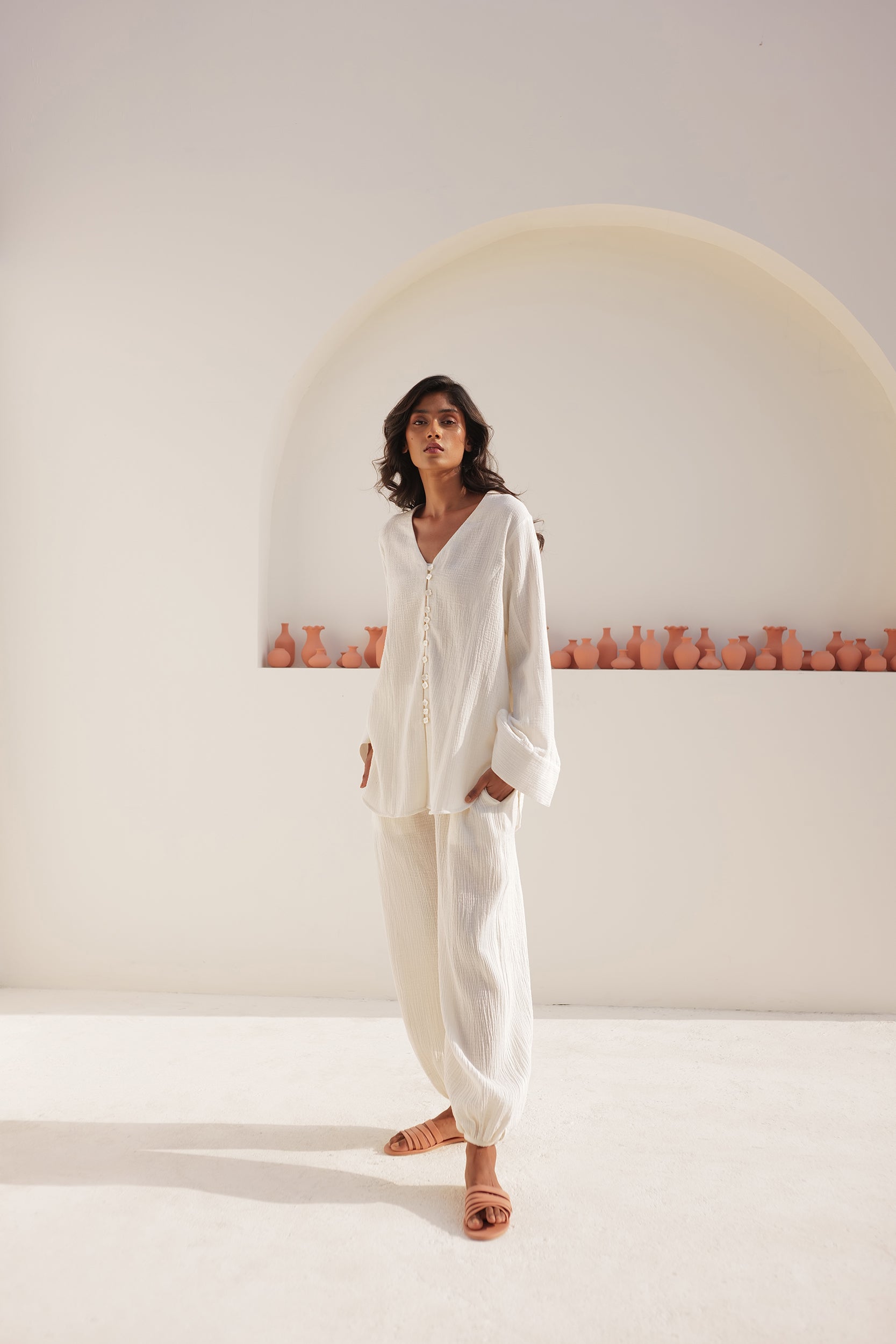 Ivory Organic Cotton Fluid Fit Front Button Down Top