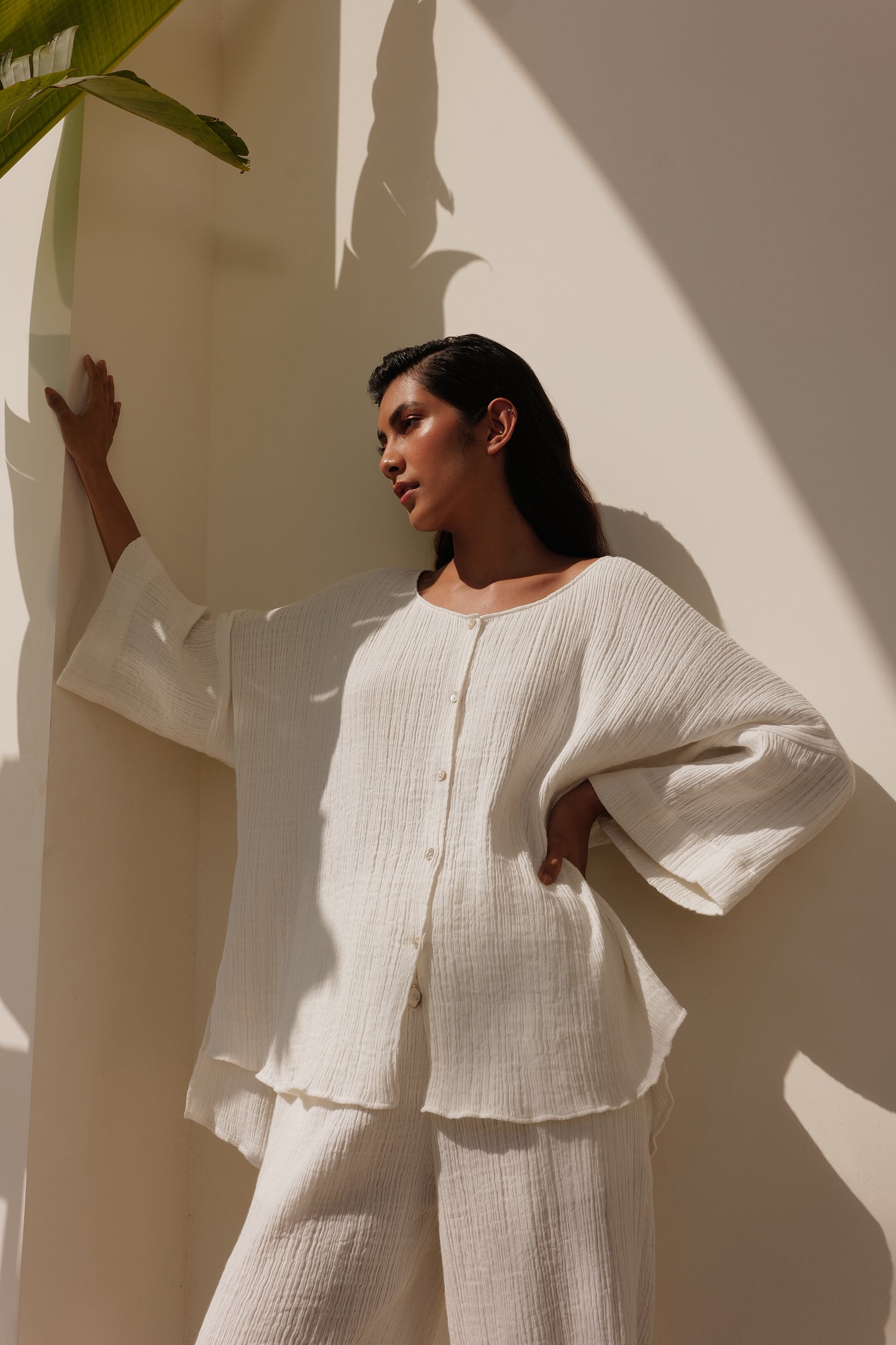 Seersucker Cotton Summer Shirt Top with Wide Neck & Drop Shoulders
