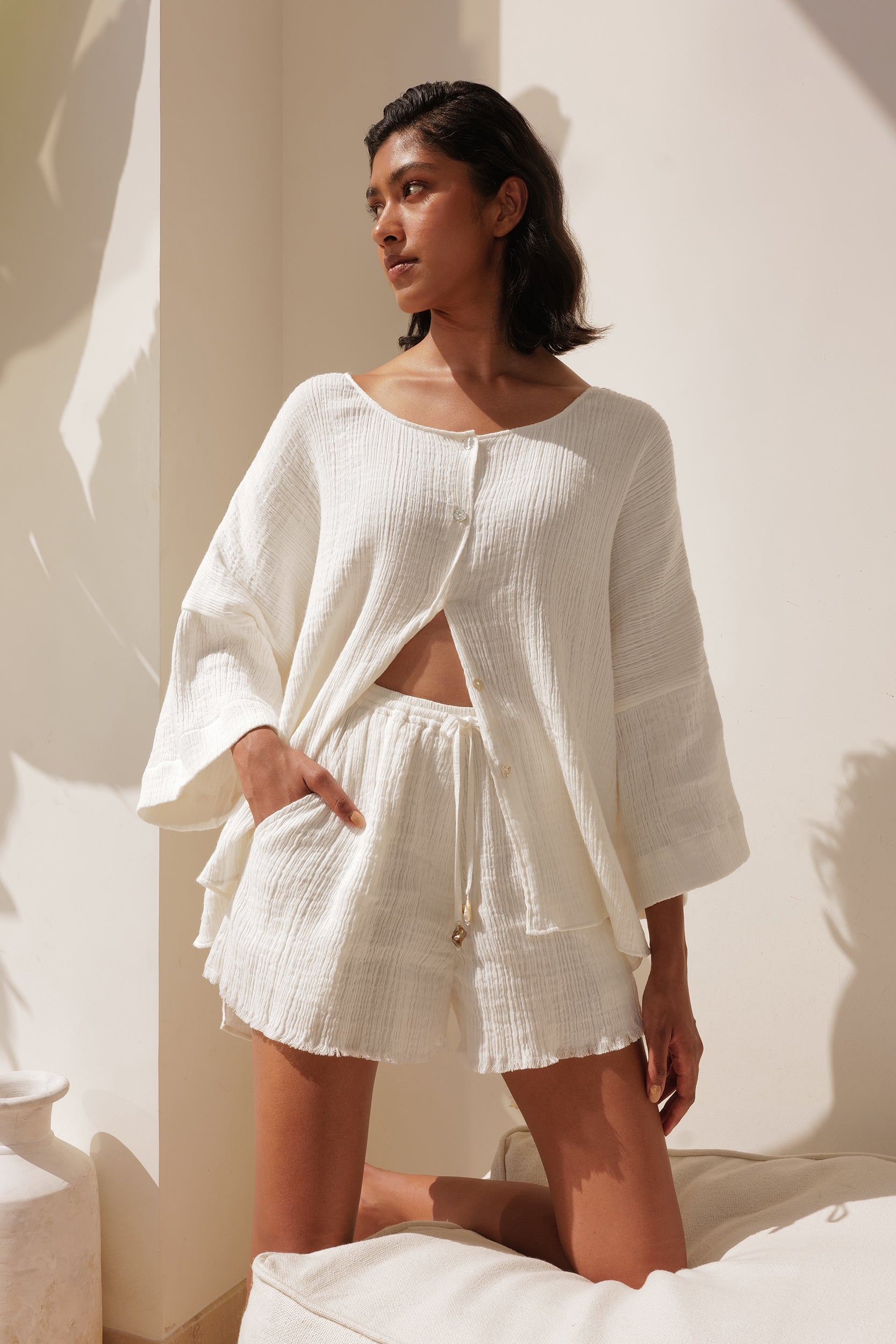 Seersucker Cotton Summer Shirt Top with Wide Neck & Drop Shoulders