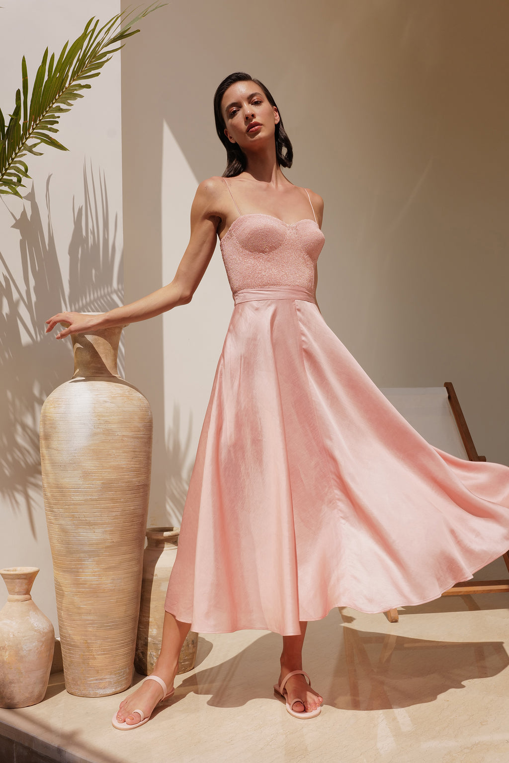 Shop Dusty pink capri dress in Sheen Linen at Sand By Shirin Shop Dusty pink capri dress in Sheen Linen at Sand By Shirin
