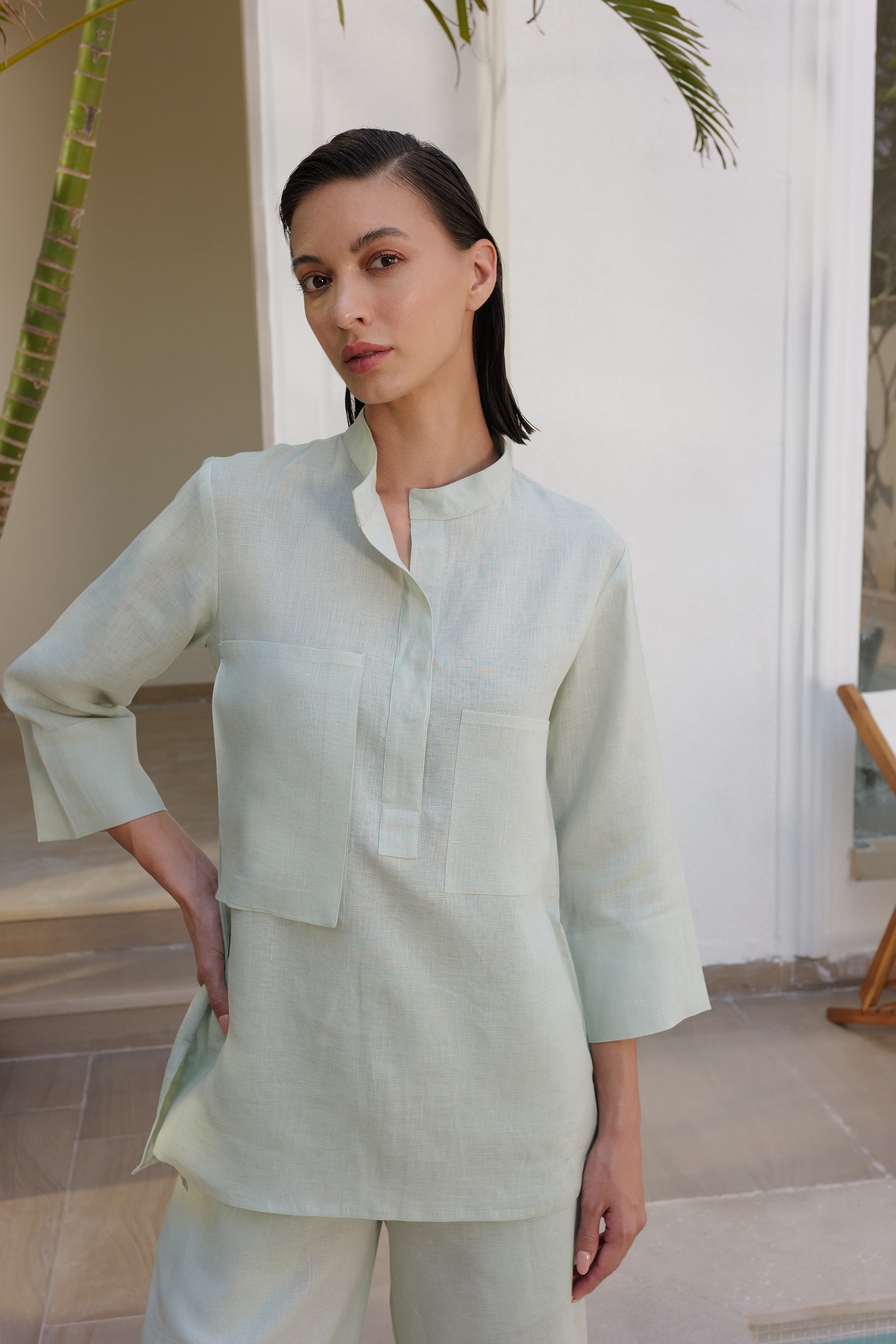 Mint Organic Linen Shirt Top With Band Collar & Side Pockets