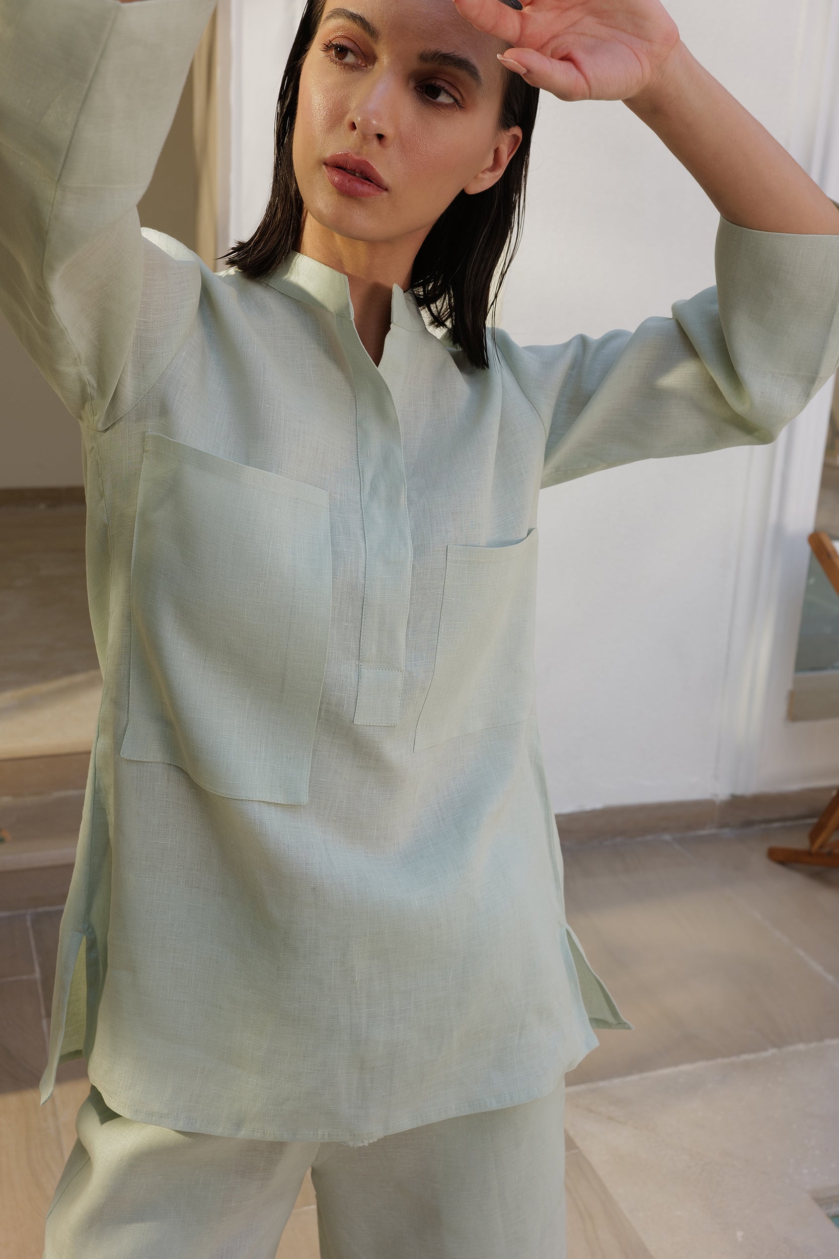 Mint Organic Linen Shirt Top With Band Collar & Side Pockets