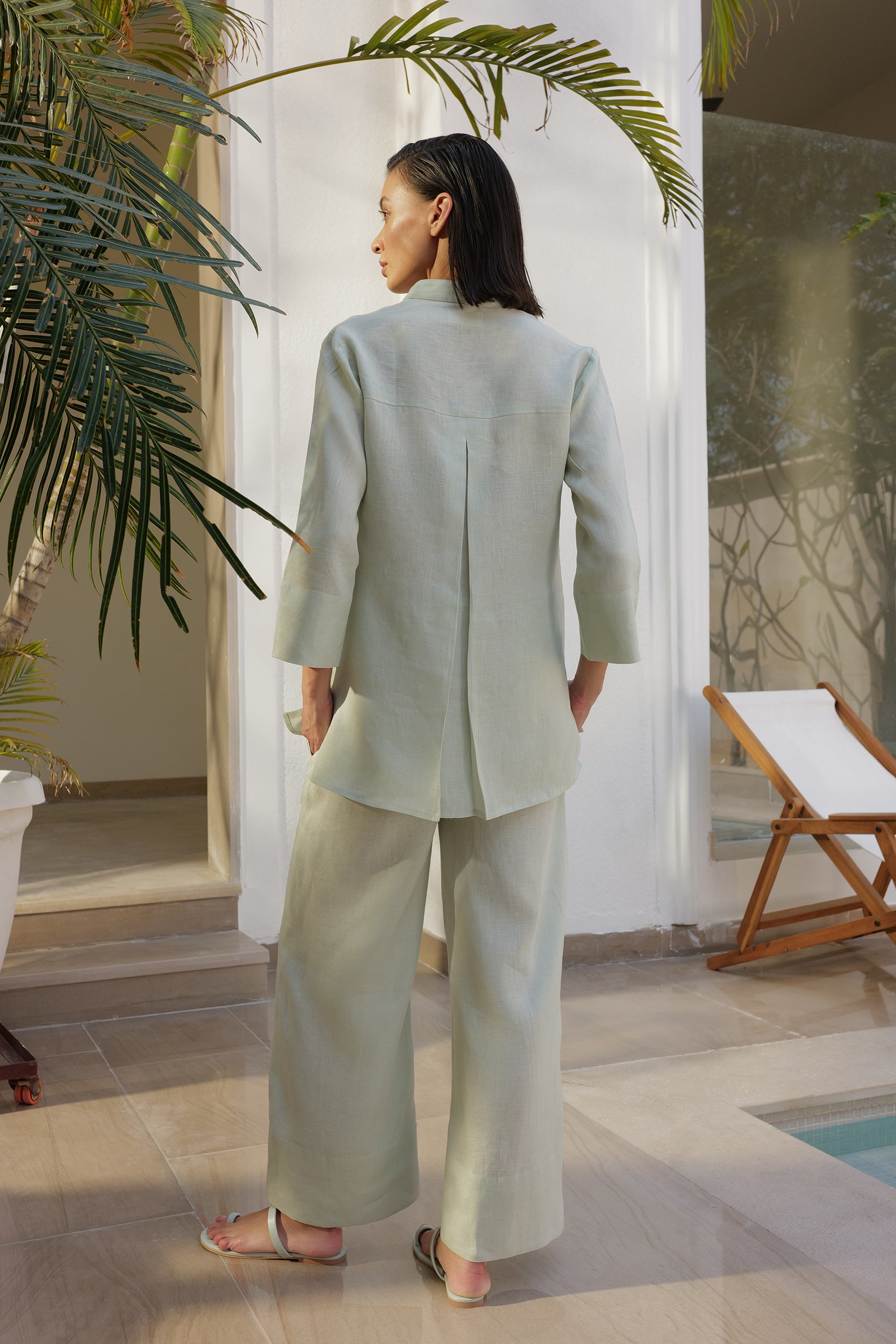 Mint Organic Linen Shirt Top With Band Collar & Side Pockets