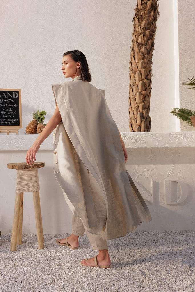 Organic Linen Natural Overlay Straight Dress with Pocket Details