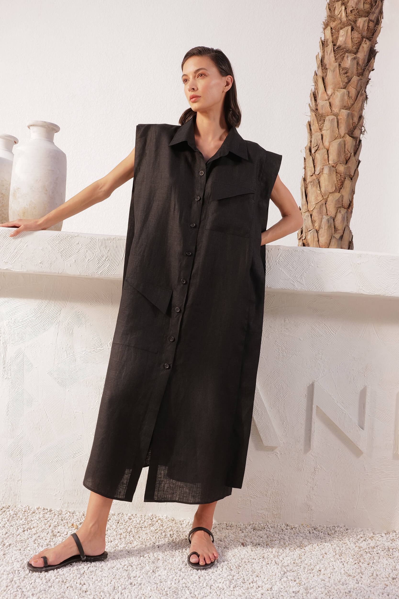 Organic Linen Black Overlay Dress with Pocket Details – SandByShirin