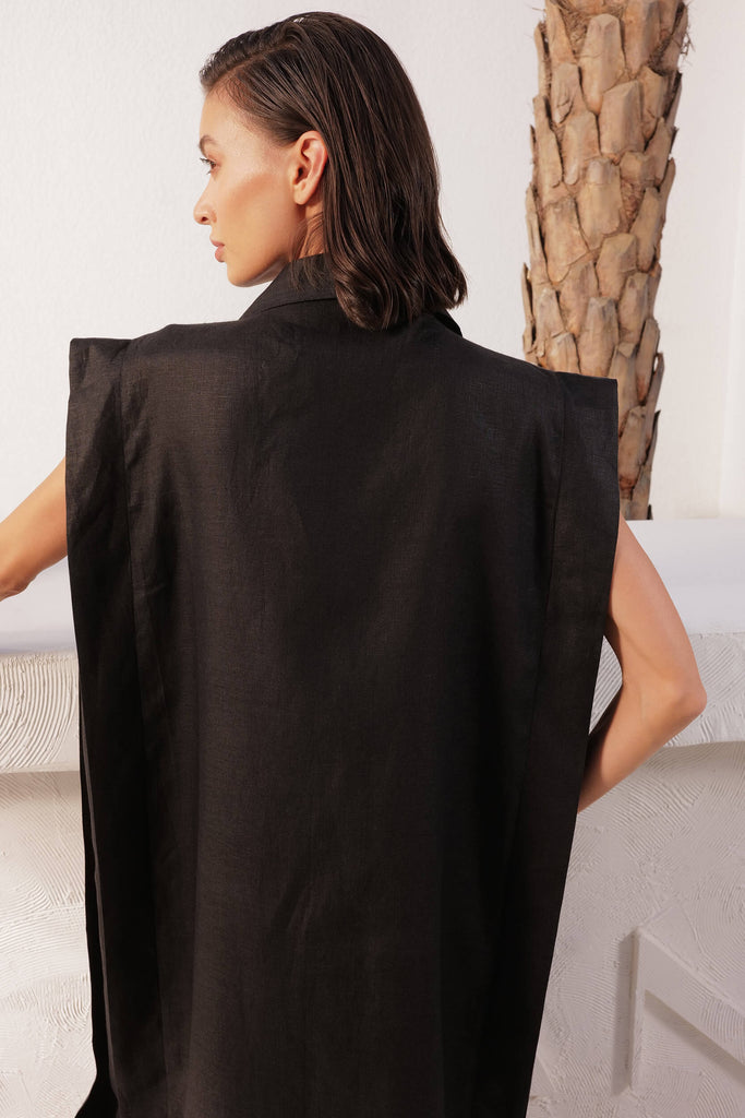 Organic Linen Black Overlay Dress with Pocket Details