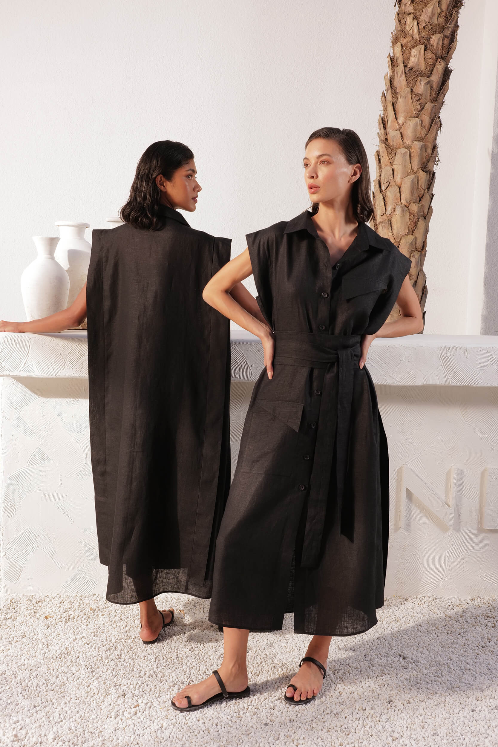 Organic Linen Black Overlay Dress with Pocket Details