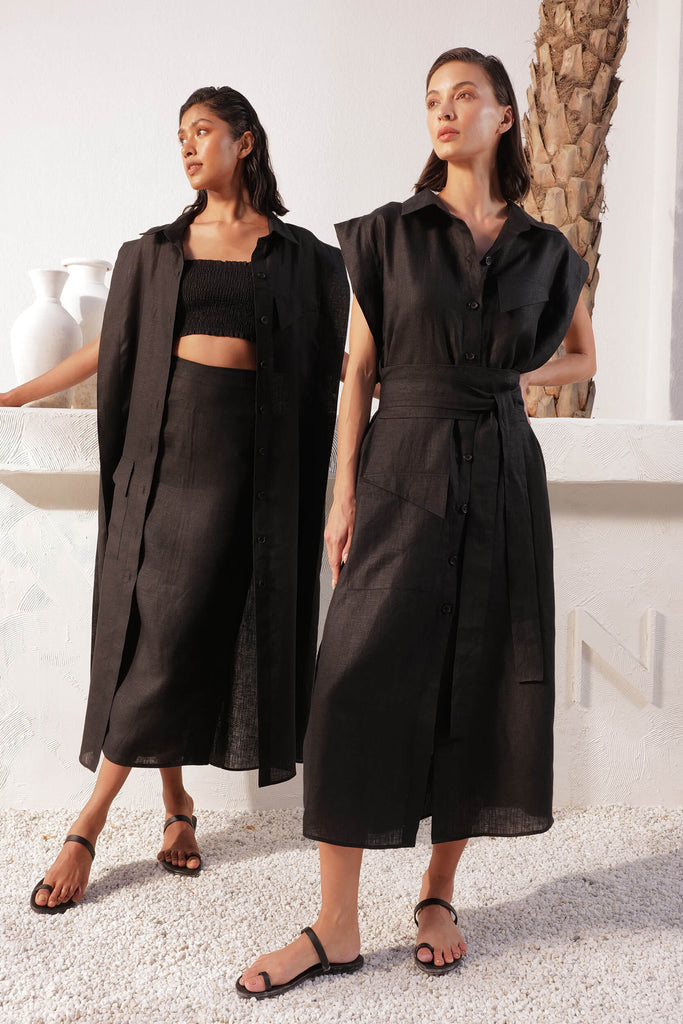Organic Linen Black Overlay Dress with Pocket Details