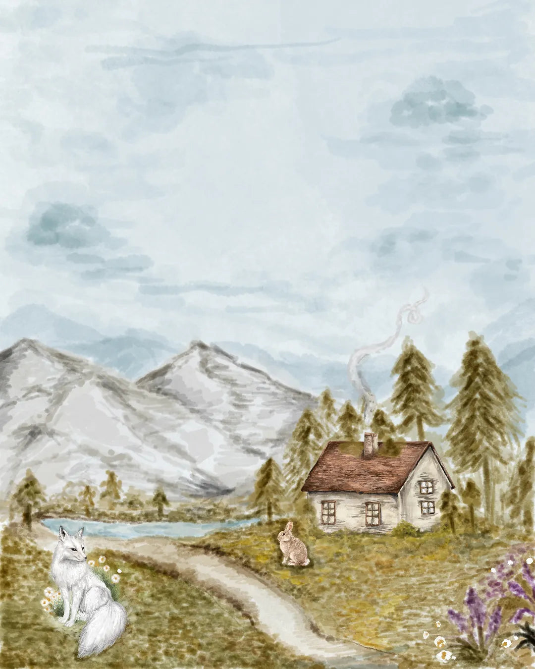 Watercolour of a stone cottage by a river beneath snowy peaks, with a white fox and a hare in the meadow