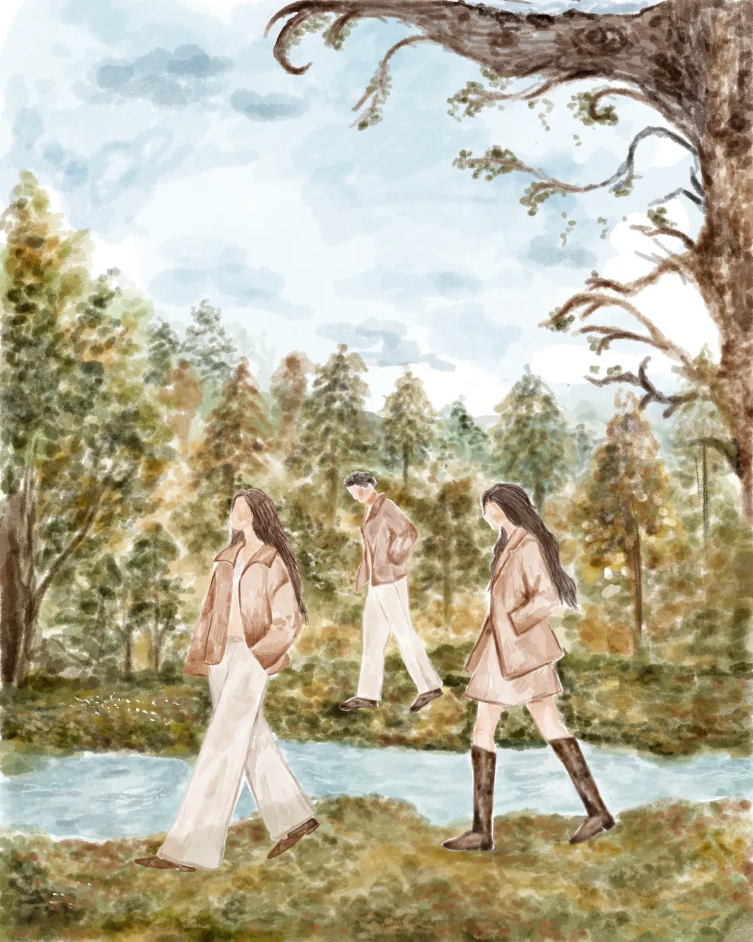 Travellers in camel coats walking beside a river under an old twisting tree