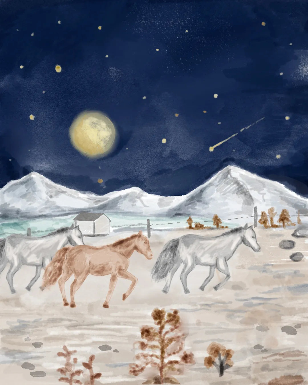 Wild horses running across a snowy plain under a full moon
